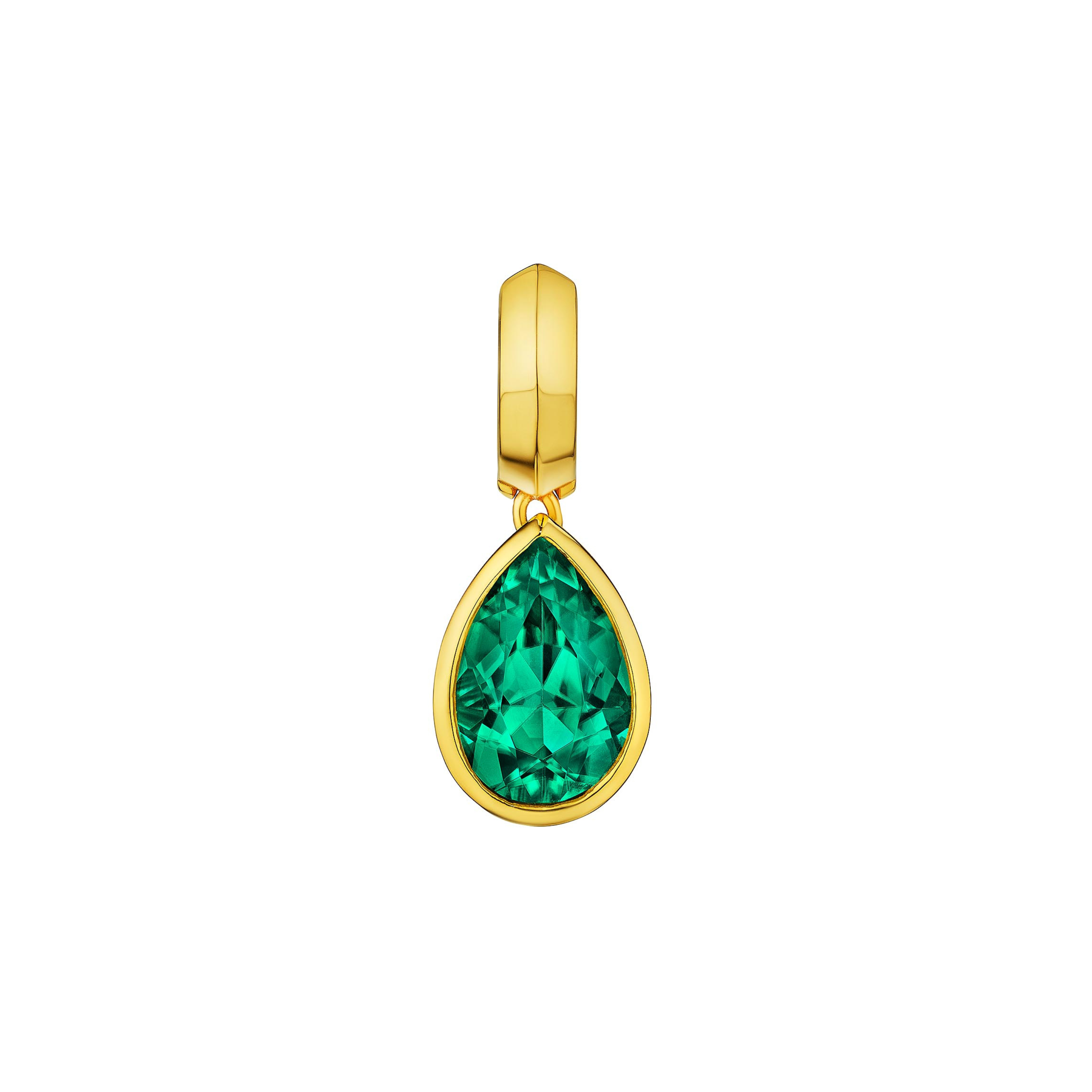 MoAnA LUU Dlo pear-shaped emerald earring in 18K yellow gold, featuring a cane-woven frame inspired by traditional Caribbean fish traps, reflecting the house’s vision of Creole-inspired fine jewelry crafted in New York.