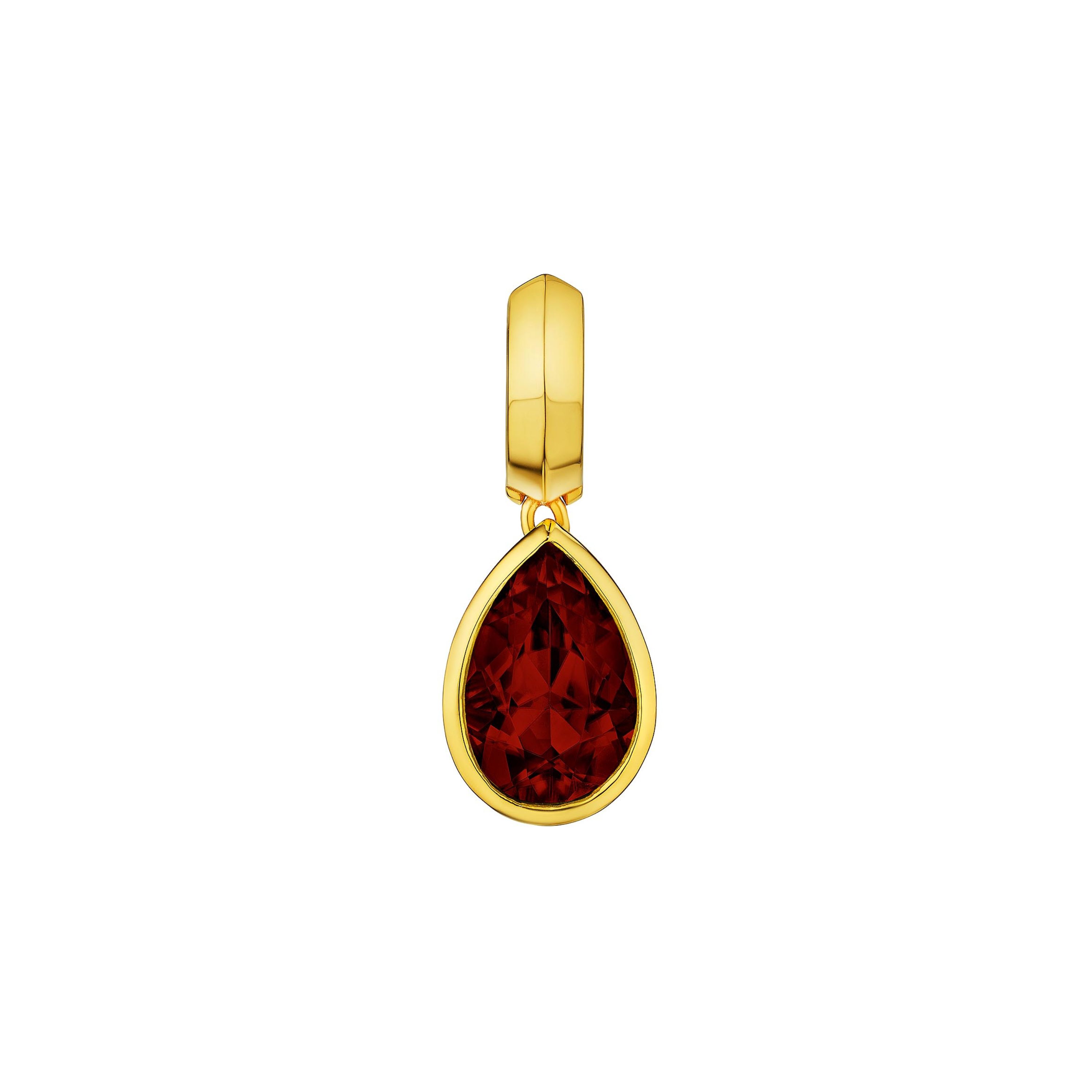 MoAnA LUU Dlo pear-shaped garnet earring in 18K yellow gold, featuring a cane-woven frame inspired by traditional Caribbean fish traps, reflecting the house’s vision of Creole-inspired fine jewelry crafted in New York.