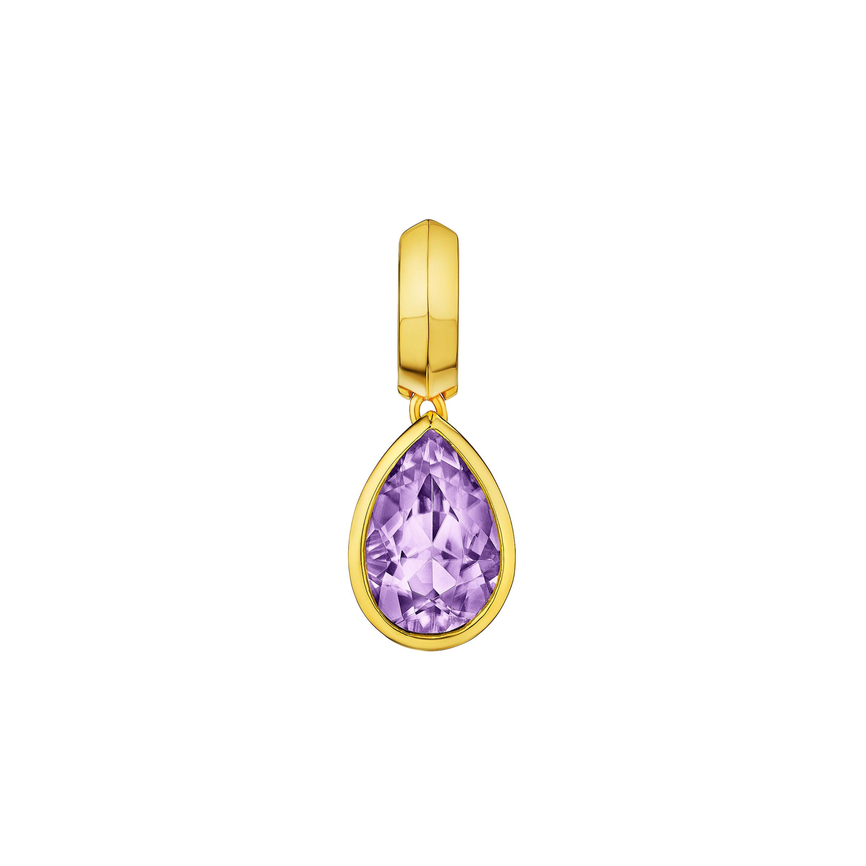MoAnA LUU Dlo pear-shaped amethyst earring in 18K yellow gold, featuring a cane-woven frame inspired by traditional Caribbean fish traps, reflecting the house’s vision of Creole-inspired fine jewelry crafted in New York.