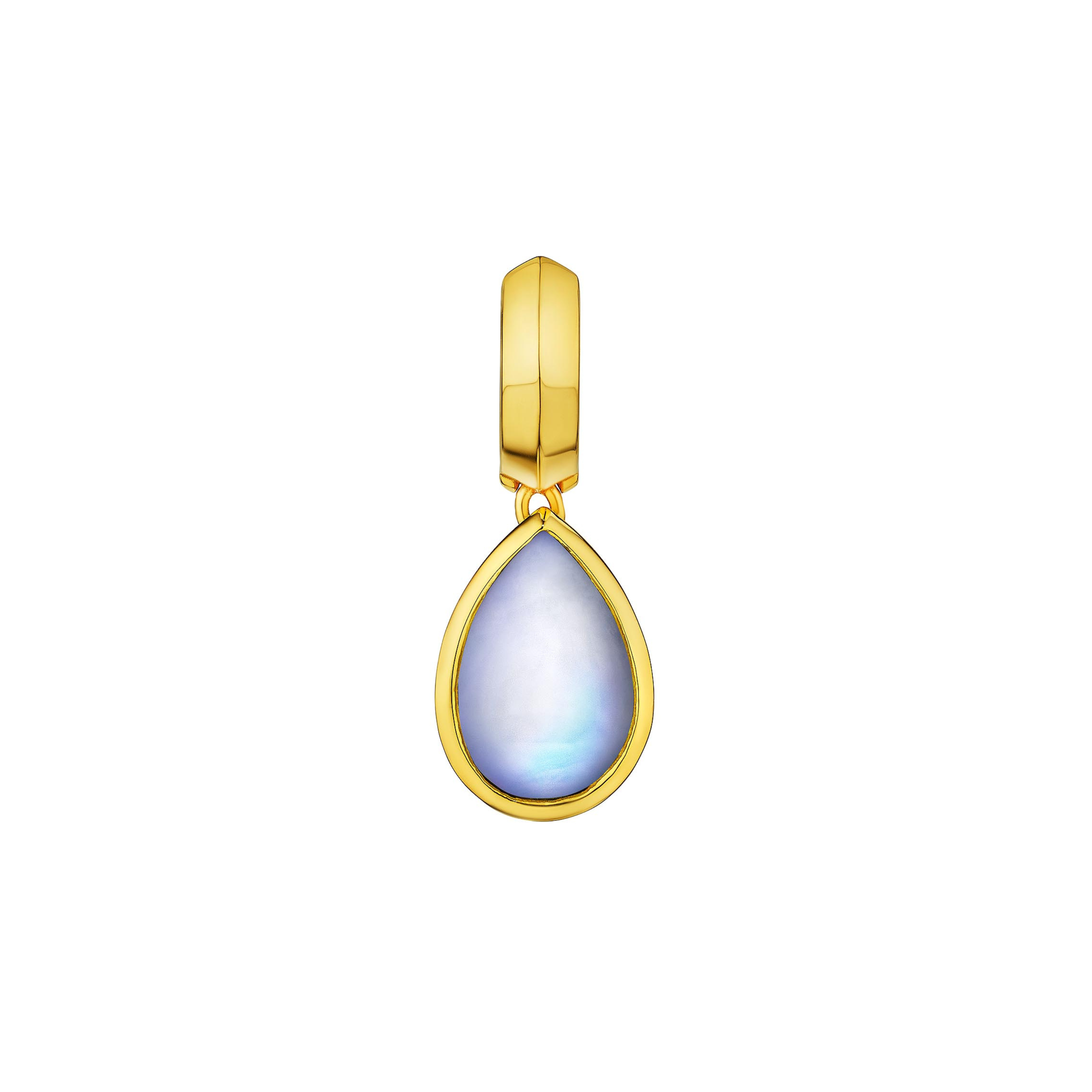 MoAnA LUU Dlo pear-shaped moonstone earring in 18K yellow gold, featuring a cane-woven frame inspired by traditional Caribbean fish traps, reflecting the house’s vision of Creole-inspired fine jewelry crafted in New York.