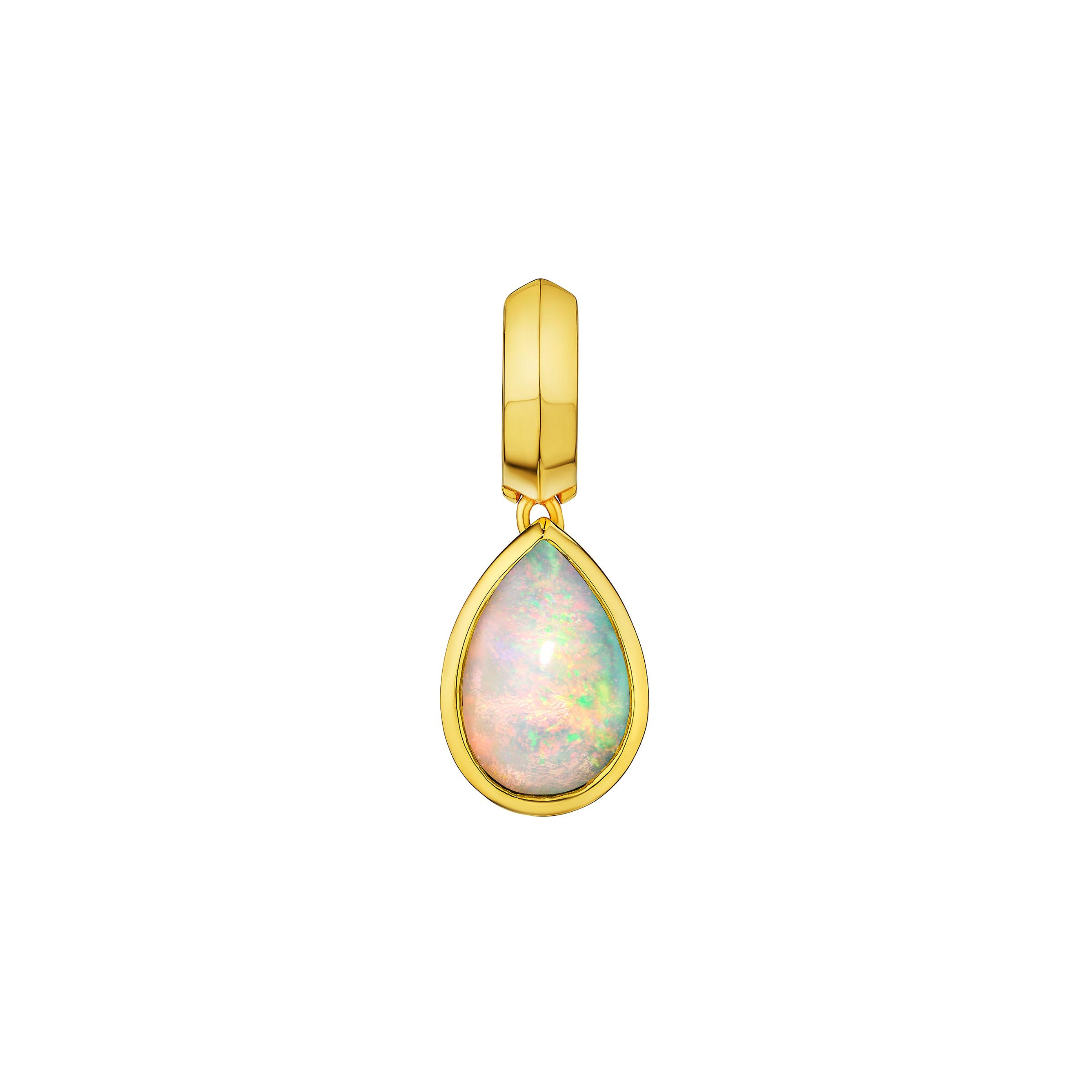 MoAnA LUU Dlo pear-shaped opal earring in 18K yellow gold, featuring a cane-woven frame inspired by traditional Caribbean fish traps, reflecting the house’s vision of Creole-inspired fine jewelry crafted in New York.