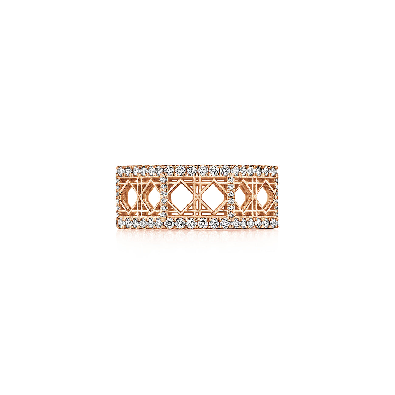 MoAnA LUU Doudou band ring in 18K rose gold, featuring pavé diamonds in an intricate woven openwork design inspired by Caribbean fish traps.