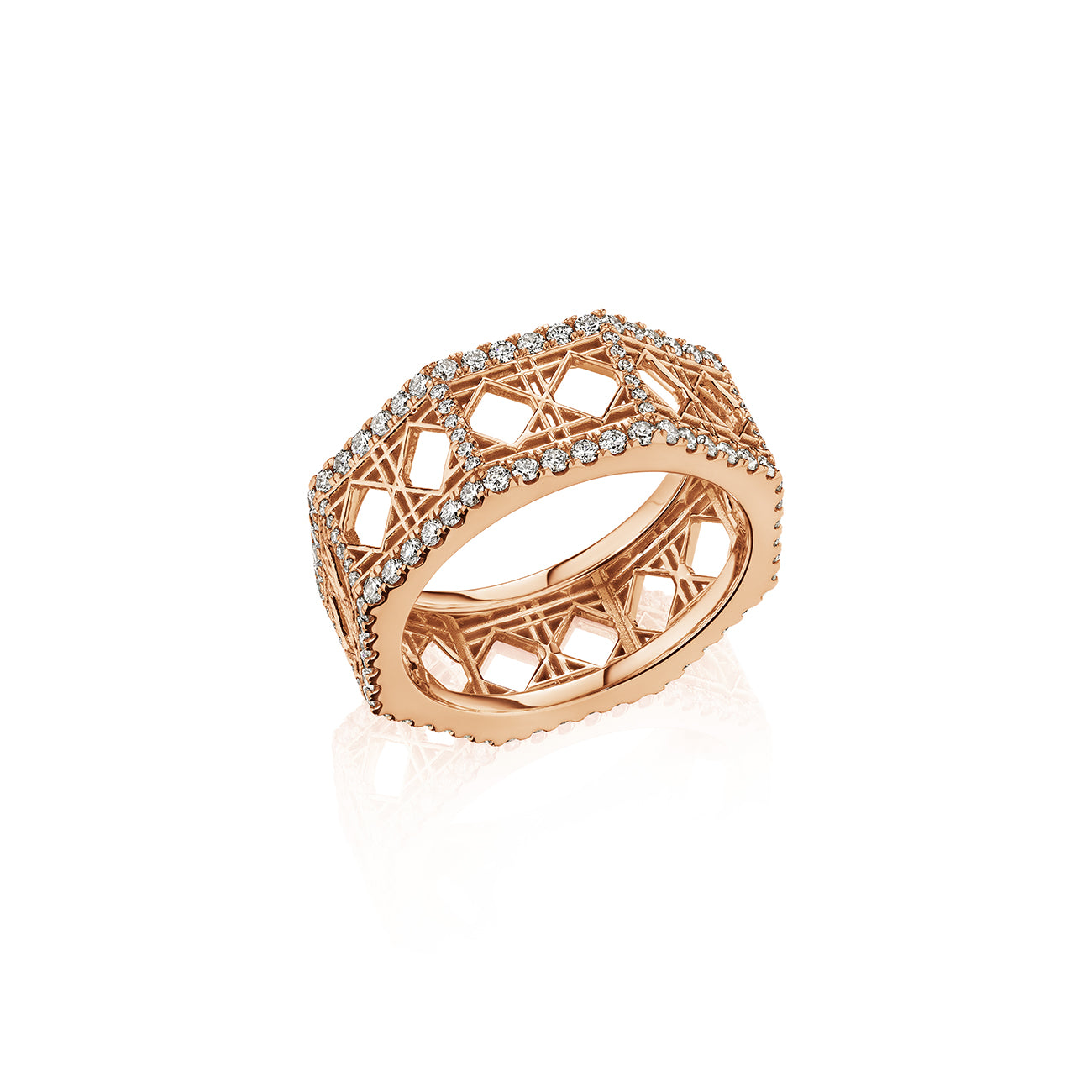 MoAnA LUU Doudou band ring in 18K rose gold, featuring pavé diamonds in an intricate woven openwork design inspired by Caribbean fish traps.
