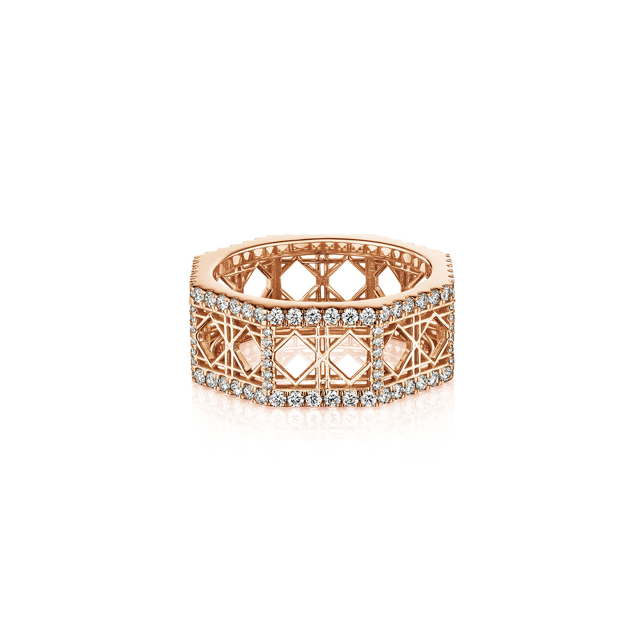 MoAnA LUU Doudou band ring in 18K rose gold, featuring pavé diamonds in an intricate woven openwork design inspired by Caribbean fish traps.