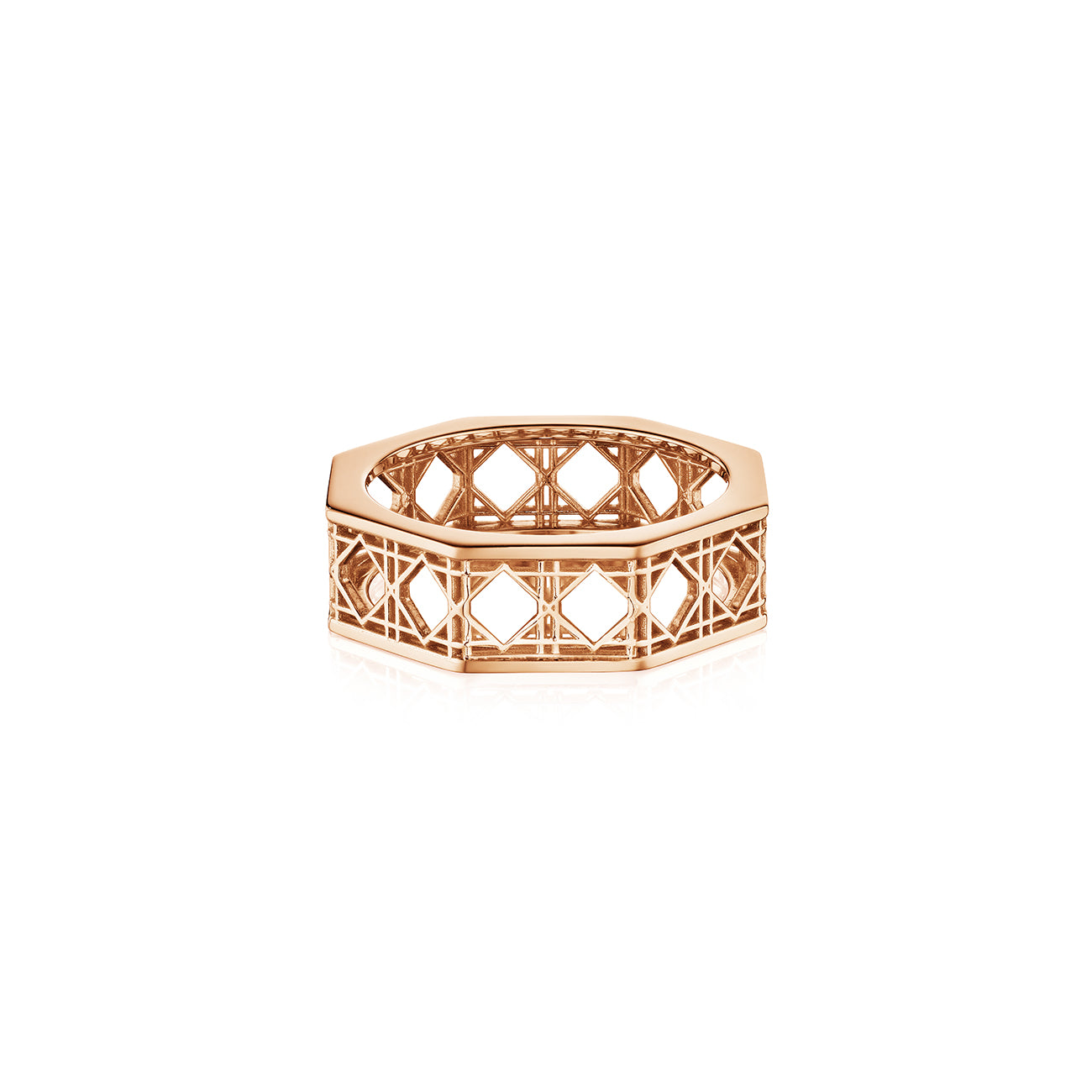 MoAnA LUU Doudou band ring in 18K rose gold, featuring an intricate woven openwork design inspired by Caribbean fish traps.