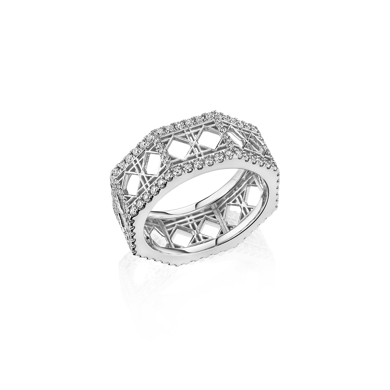 MoAnA LUU Doudou band ring in 18K white gold, featuring pavé diamonds in an intricate woven openwork design inspired by Caribbean fish traps.