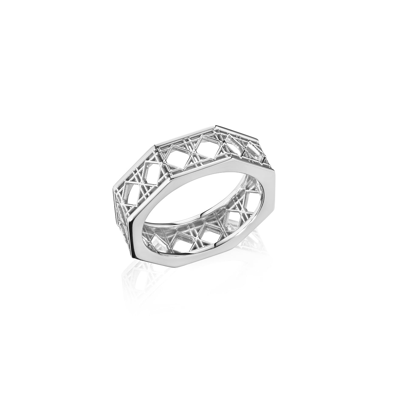 MoAnA LUU Doudou band ring in 18K white gold, featuring an intricate woven openwork design inspired by Caribbean fish traps.
