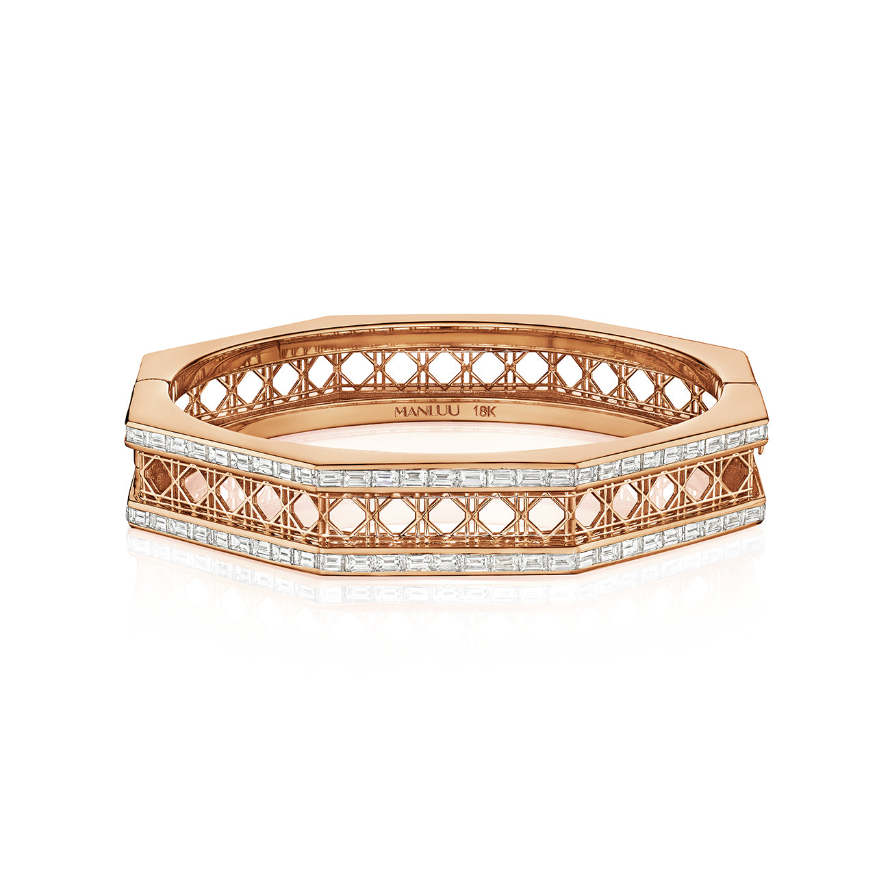 MoAnA LUU Doudou bracelet in 18K rose gold, featuring geometric openwork with baguette diamonds inspired by Caribbean fish traps.