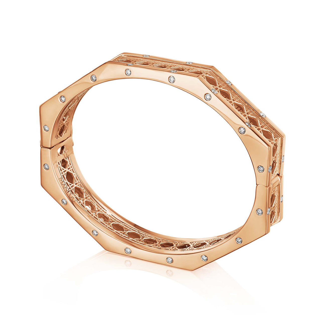 MoAnA LUU Doudou bracelet in 18K rose gold, featuring geometric openwork with burnished diamonds inspired by Caribbean fish traps.
