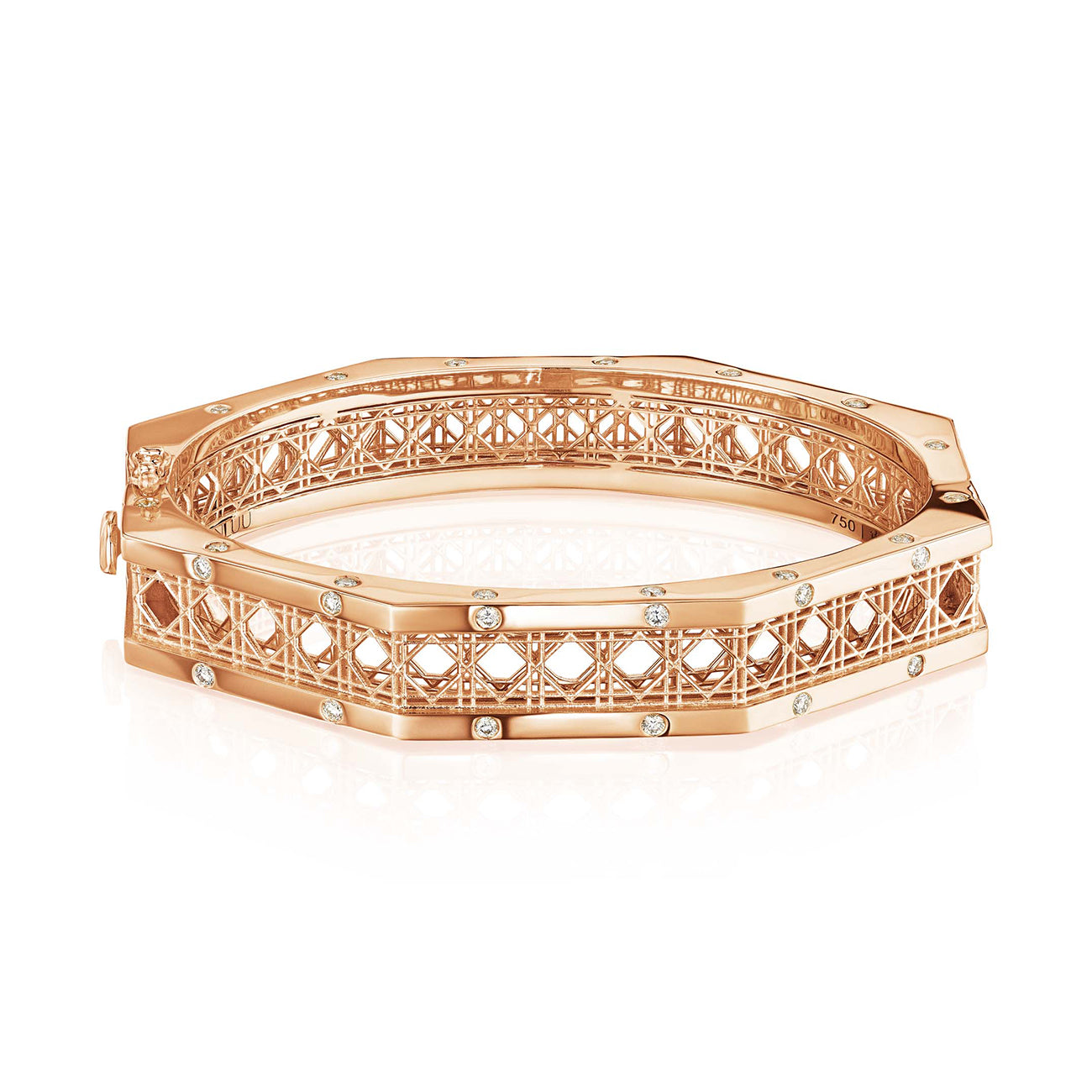 MoAnA LUU Doudou bracelet in 18K rose gold, featuring geometric openwork with burnished diamonds inspired by Caribbean fish traps.