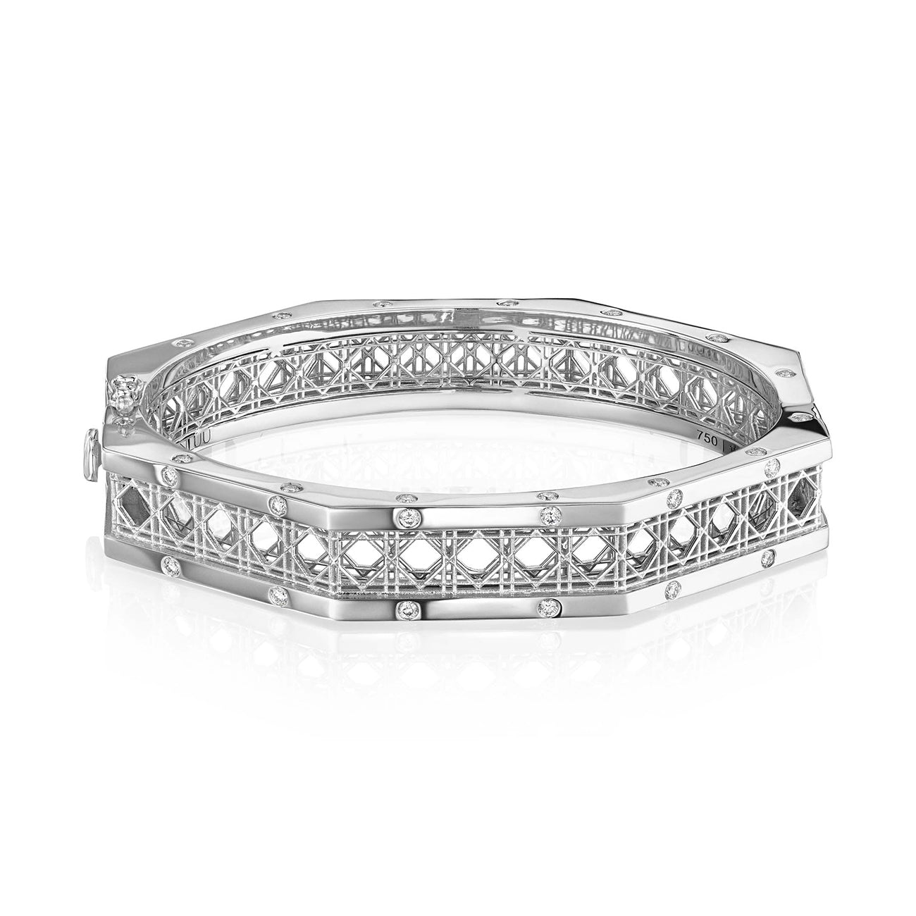 MoAnA LUU Doudou bracelet in 18K white gold, featuring geometric openwork with burnished diamonds inspired by Caribbean fish traps.