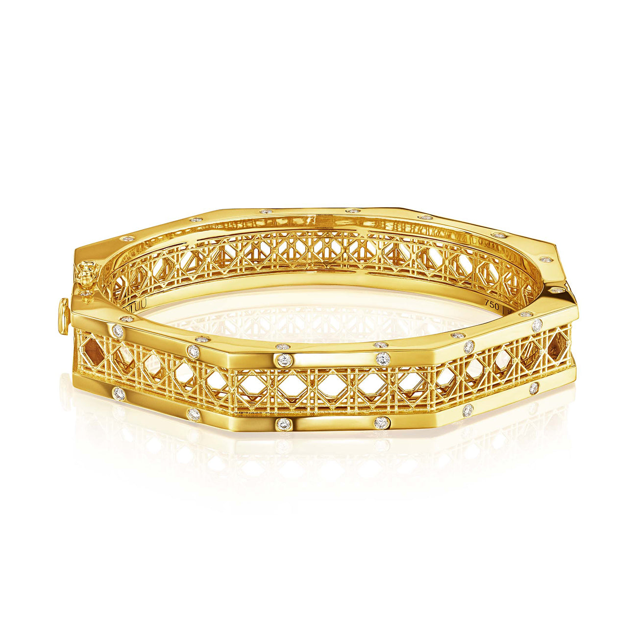 MoAnA LUU Doudou bracelet in 18K yellow gold, featuring burnish diamond boarders and  a cane-woven work inspired by traditional Caribbean fish traps, reflecting the house’s vision of Creole-inspired fine jewelry crafted in New York.