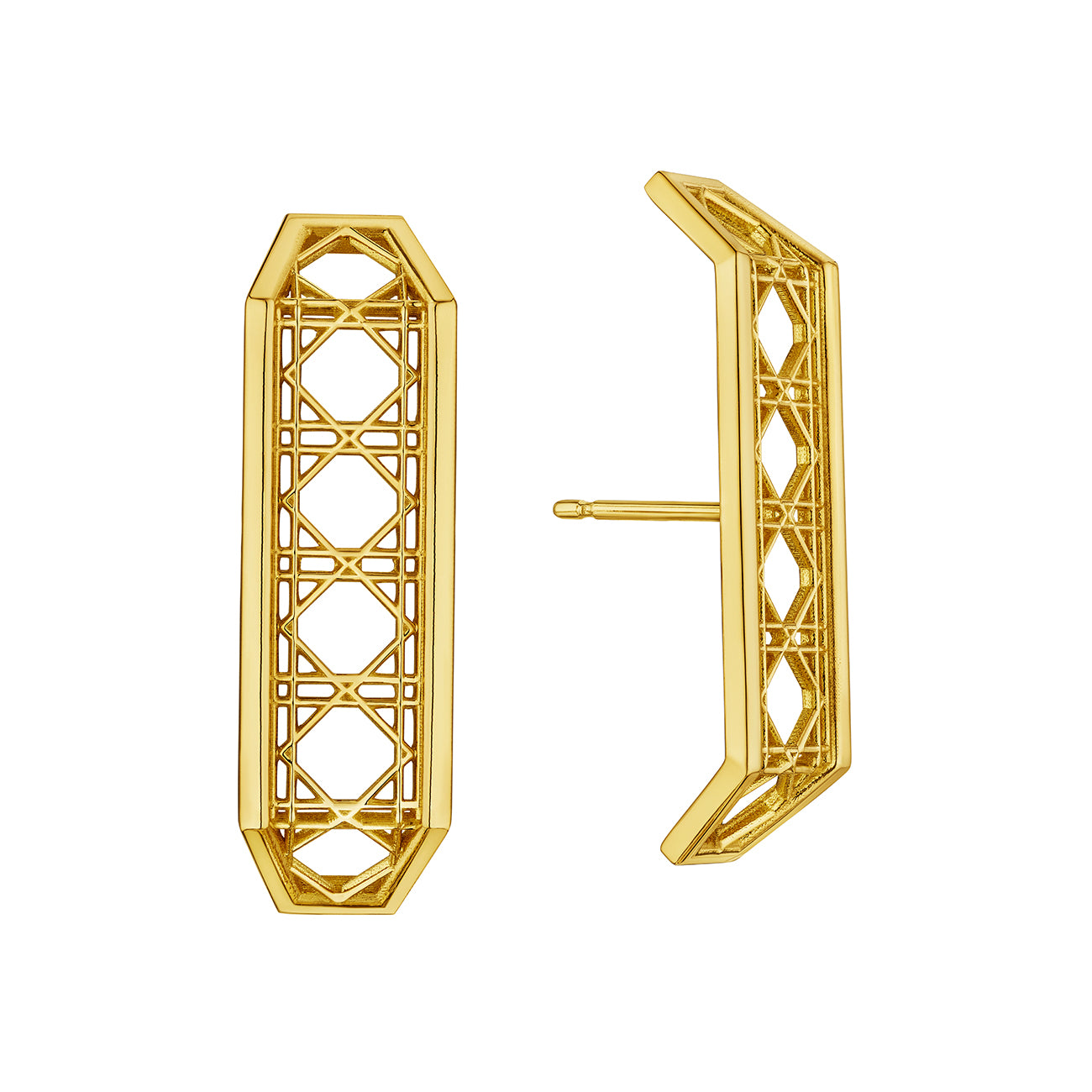 MoAnA LUU Doudou cuff earrings in 18K yellow gold, featuring openwork cane-woven detail inspired by Caribbean fish traps.
