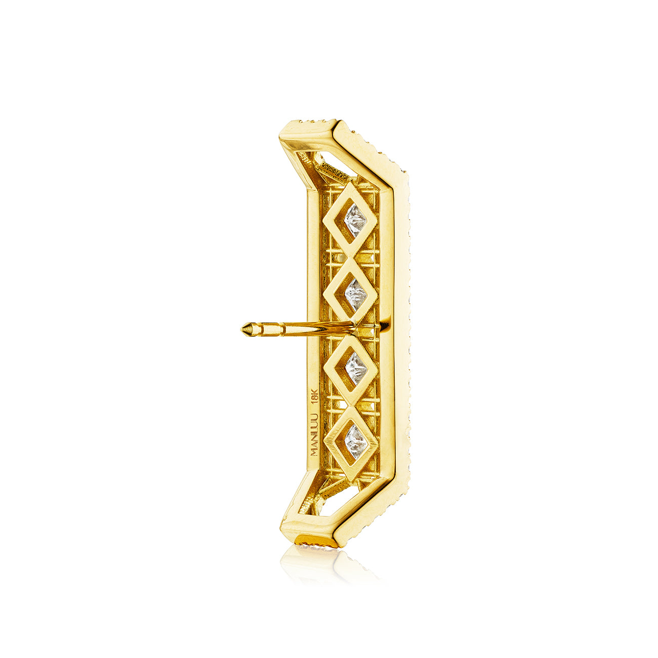 MoAnA LUU Doudou elongated stud earrings in 18K yellow gold, featuring pavé and princess-cut diamonds set in a geometric openwork design inspired by Caribbean fish traps.