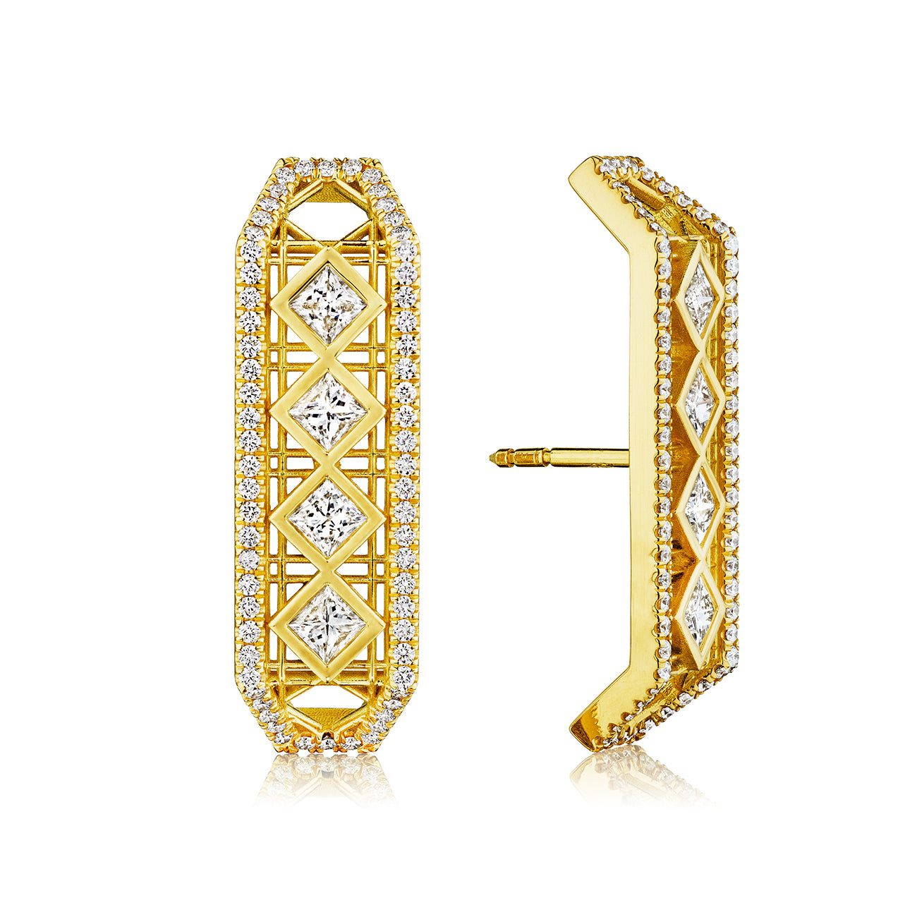 MoAnA LUU Doudou elongated cuff earrings in 18K yellow gold, featuring pavé and princess-cut diamonds set in a geometric openwork design inspired by Caribbean fish traps.
