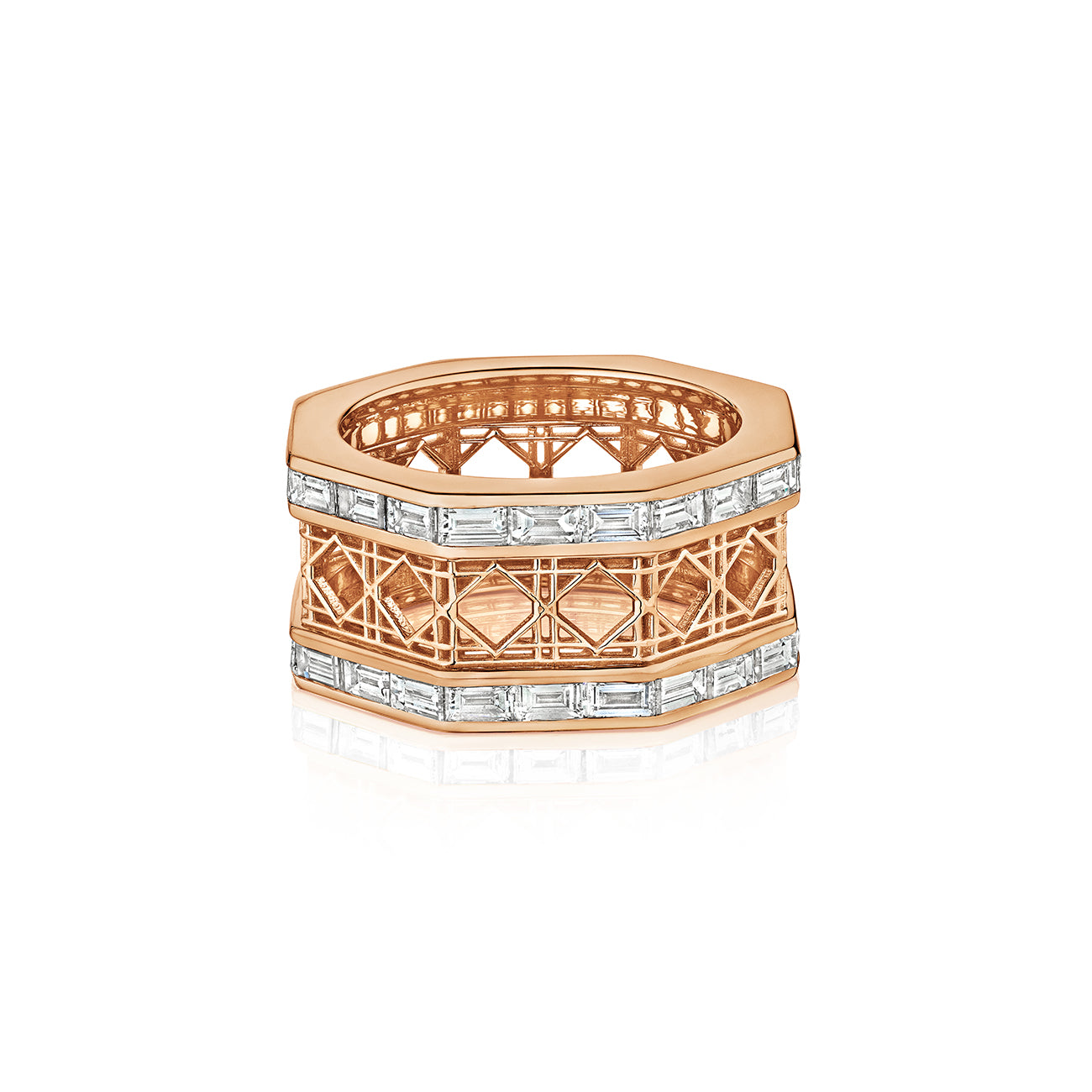 MoAnA LUU Doudou ring in 18K rose gold, featuring geometric openwork with baguette diamond inspired by Caribbean fish traps.
