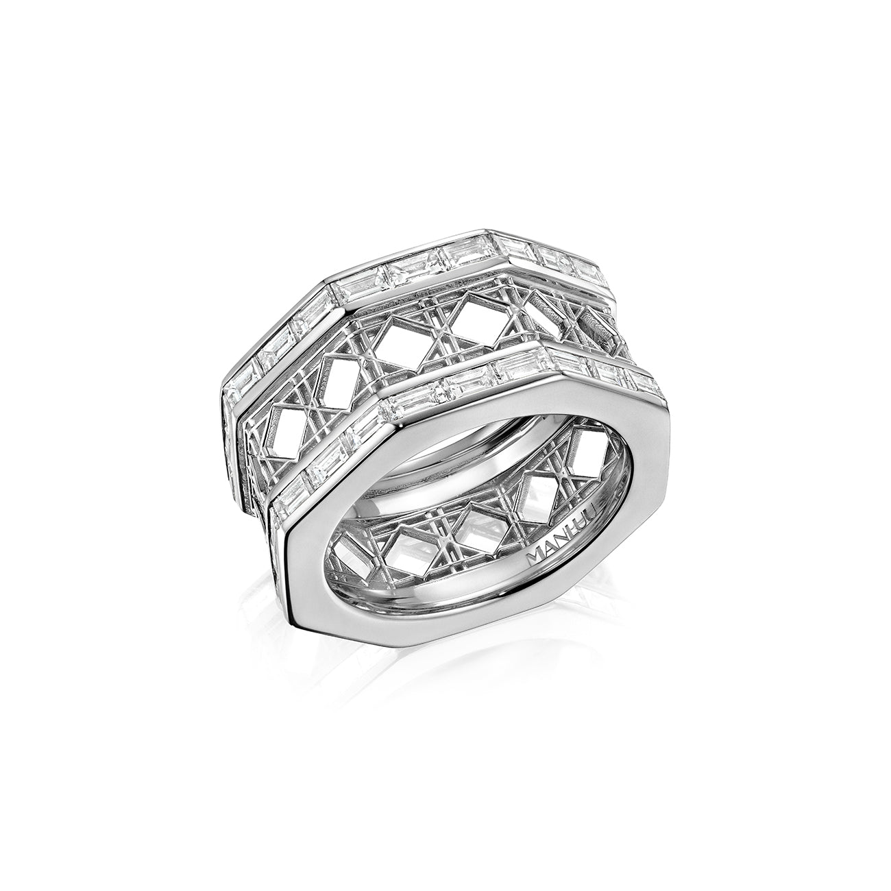 MoAnA LUU Doudou ring in 18K white gold, featuring geometric openwork with baguette diamond inspired by Caribbean fish traps.