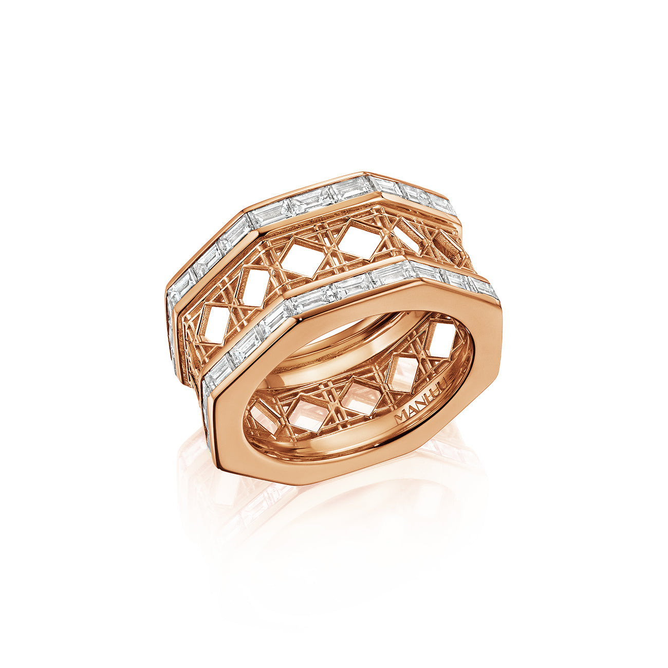 MoAnA LUU Doudou ring in 18K rose gold, featuring geometric openwork with baguette diamond inspired by Caribbean fish traps.