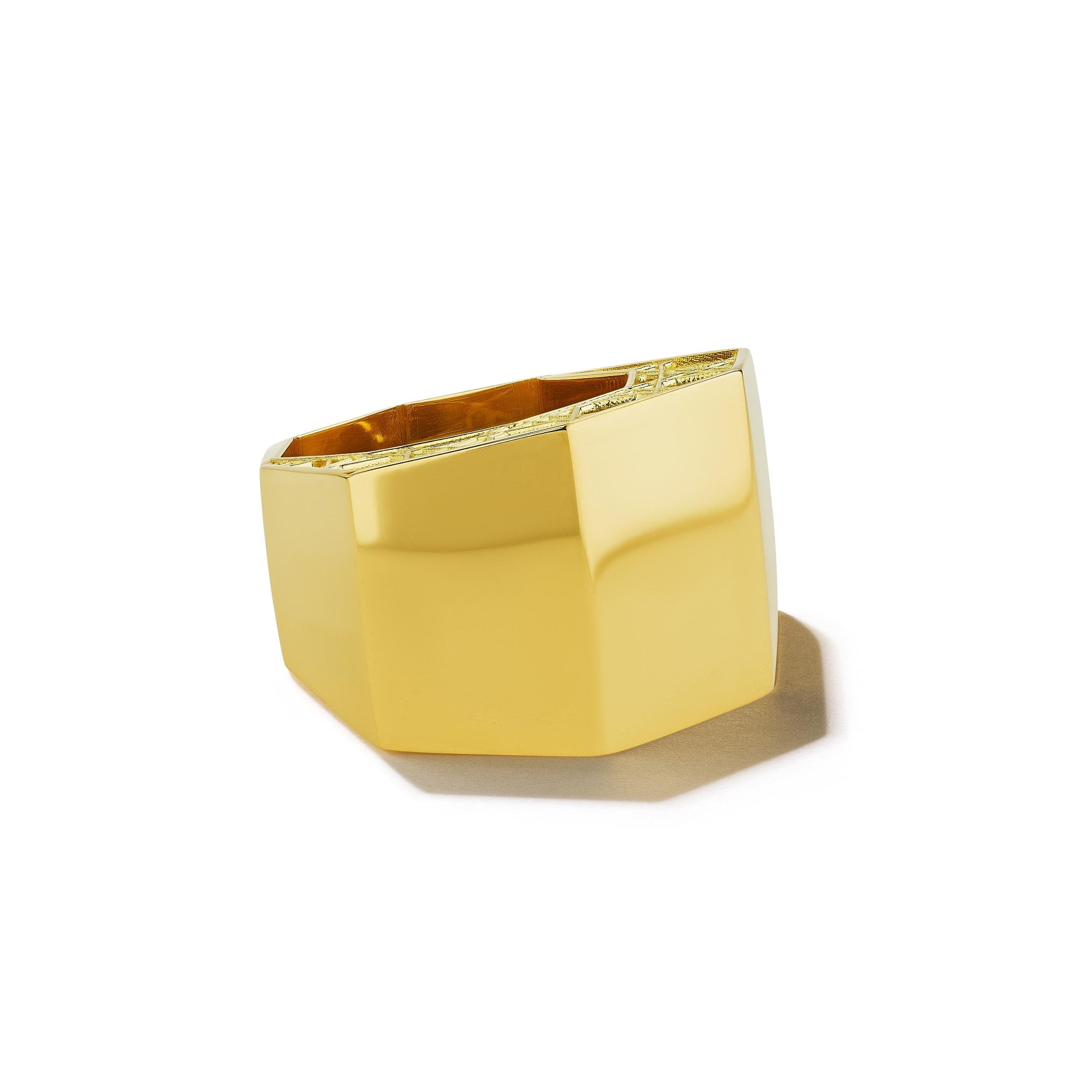 MoAnA LUU Doudou signet ring in 18K yellow gold, featuring a sculptural geometric form with openwork cane-woven interior inspired by Caribbean fish traps.