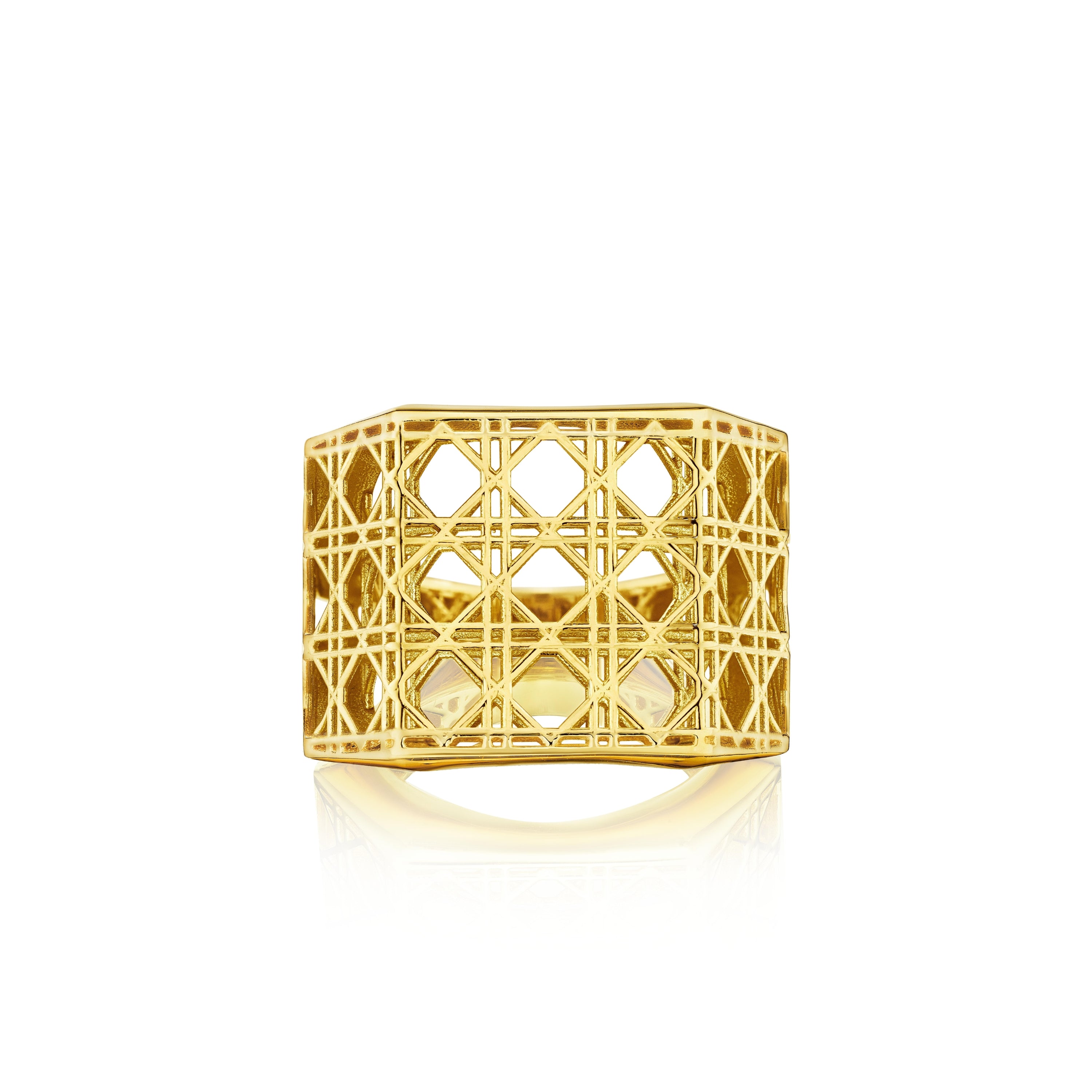 MoAnA LUU Doudou wide ring in 18K yellow gold, featuring a sculptural geometric form with openwork cane-woven interior inspired by Caribbean fish traps.