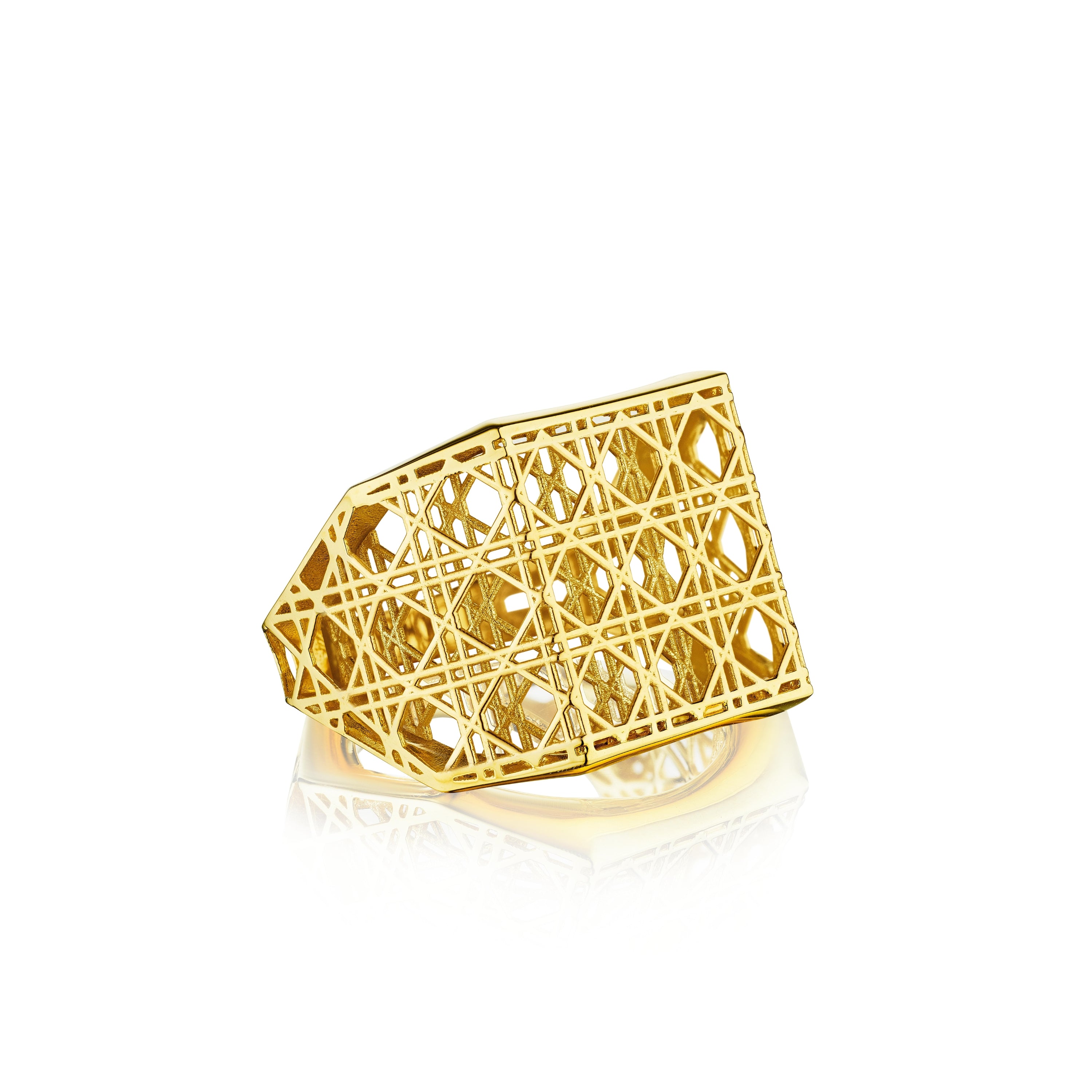 MoAnA LUU Doudou wide ring in 18K yellow gold, featuring a sculptural geometric form with openwork cane-woven interior inspired by Caribbean fish traps.