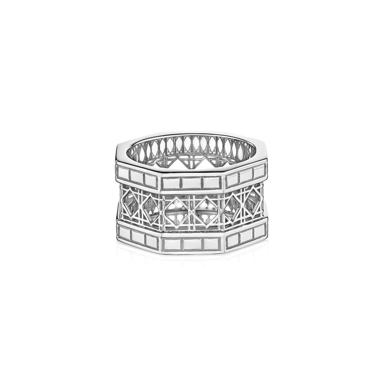 MoAnA LUU Doudou wide ring in 18K white gold, featuring a sculptural geometric form with openwork cane-woven interior inspired by Caribbean fish traps.