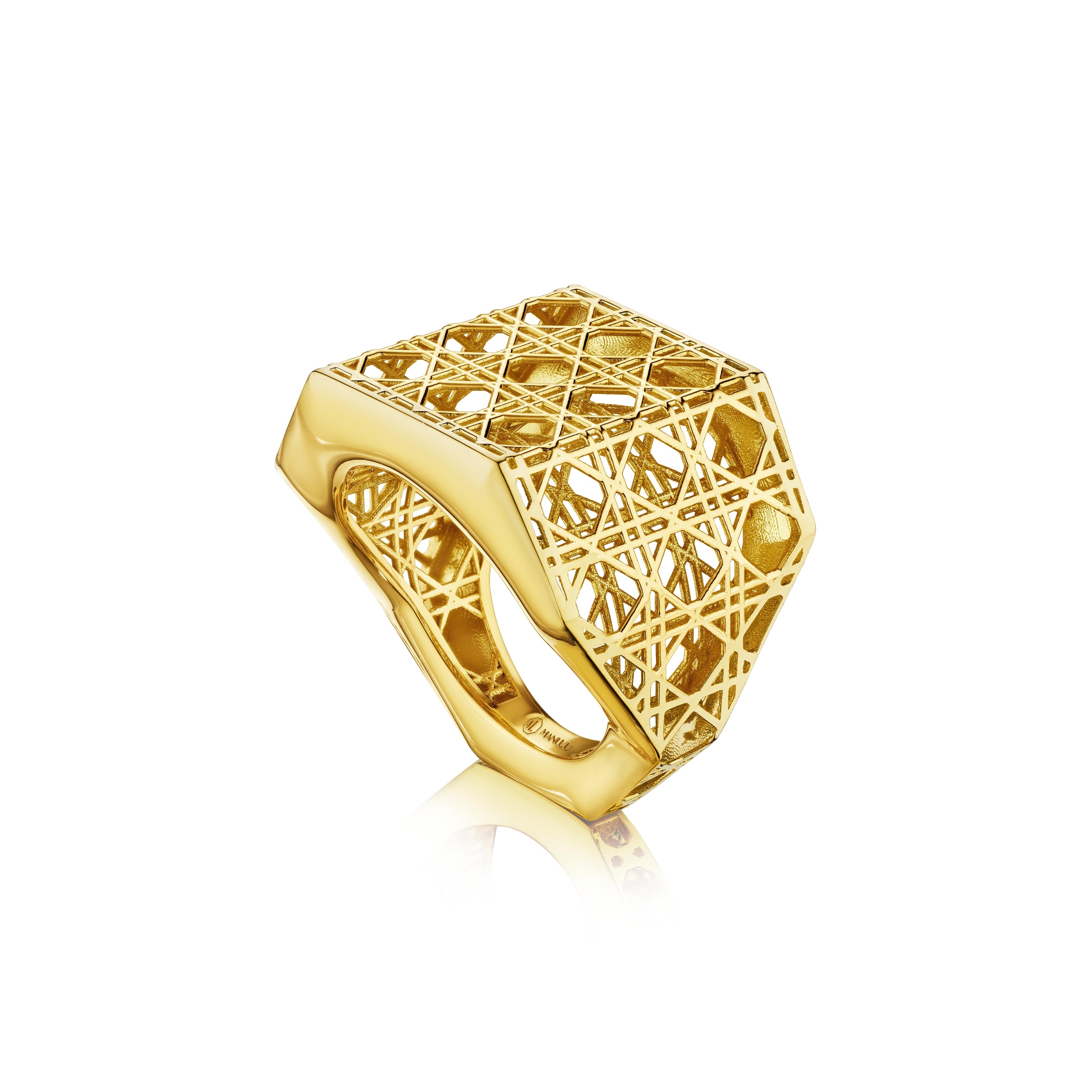 MoAnA LUU Doudou wide ring in 18K yellow gold, featuring a sculptural geometric form with openwork cane-woven interior inspired by Caribbean fish traps.