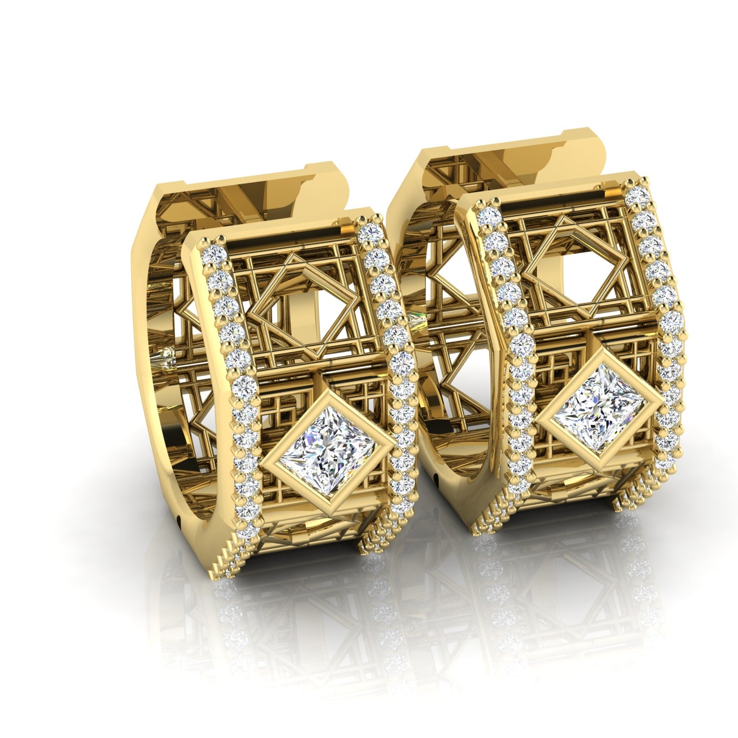 Doudou Huggie Earrings, 18K Yellow Gold, Pavé Diamonds and Princess Cut