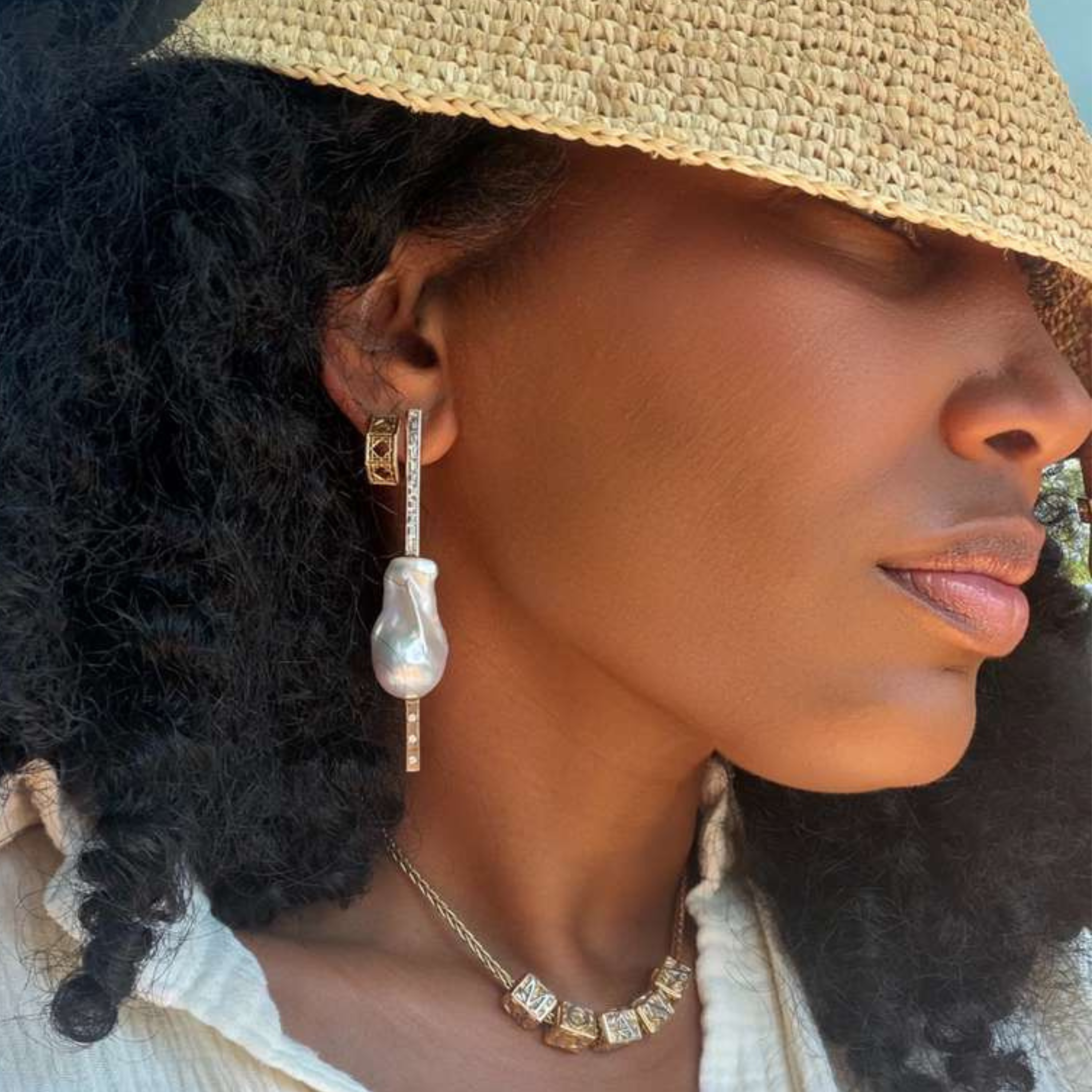 Ti Earrings with South Sea Baroque Pearl, 18K Yellow Gold, Baguette and Ti Diamonds, mismatched,