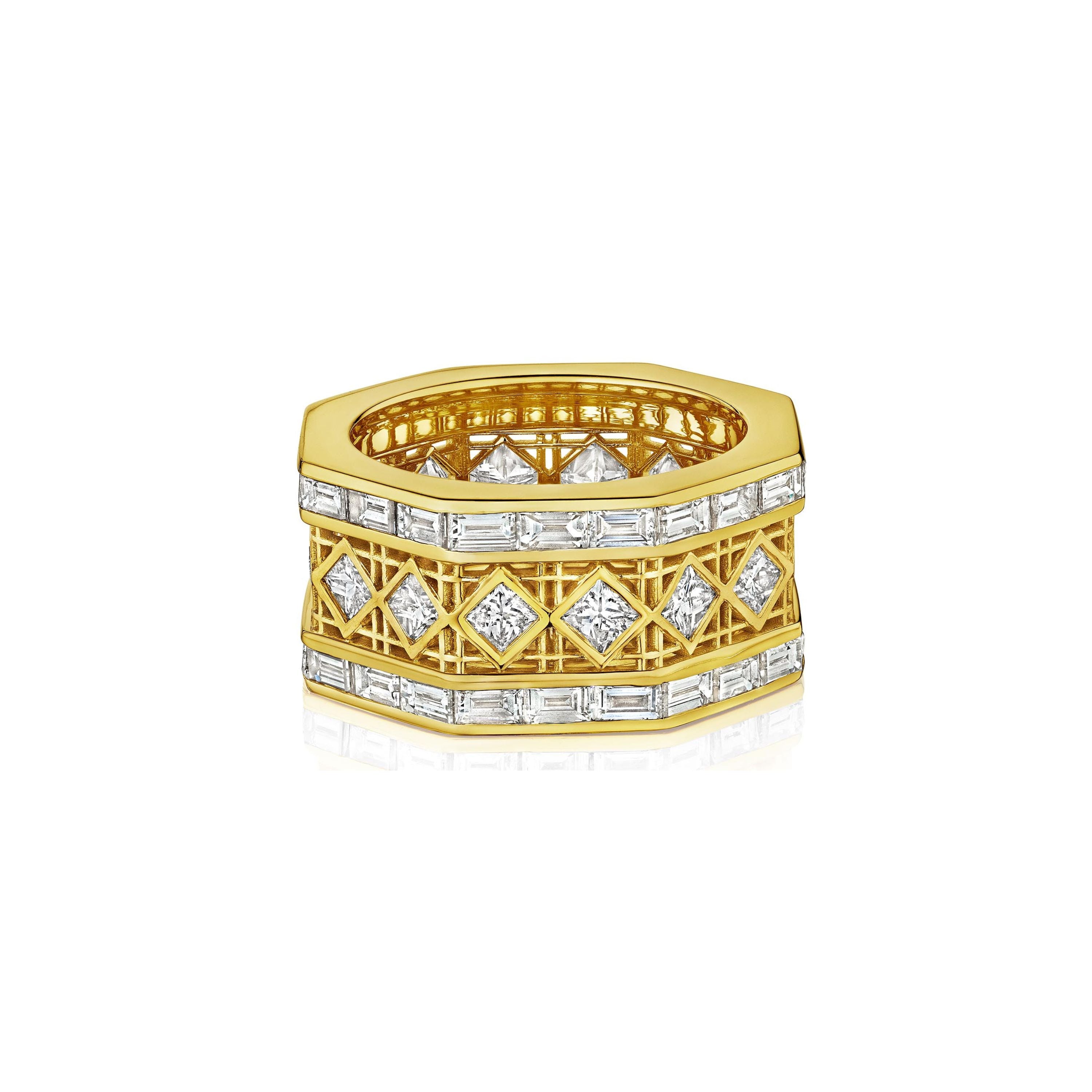 DouDou Wide Eternity Ring, 18K Yellow Gold, Baguette diamonds and Princess Cut