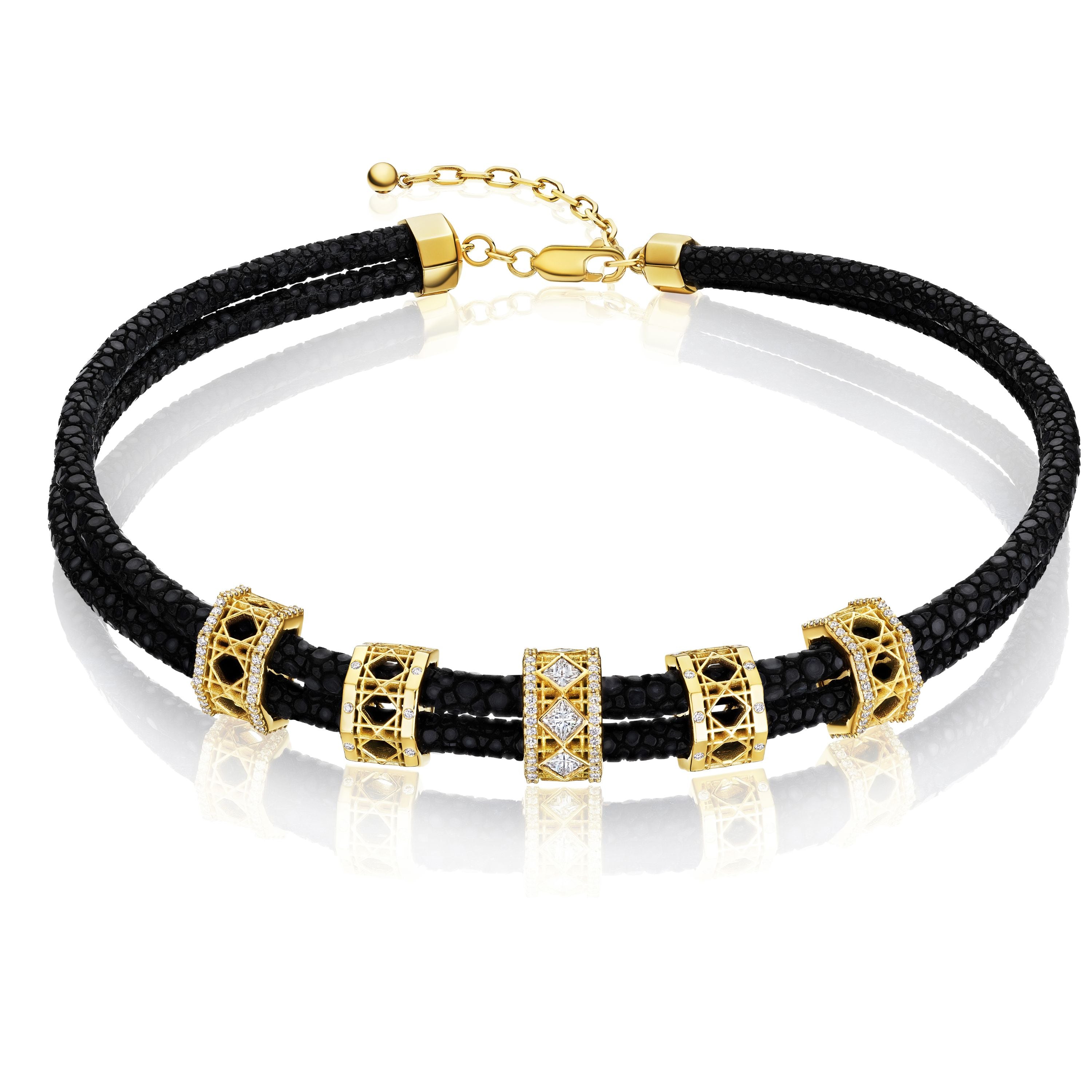 Doudou Abyss Multi-Bead Choker, 18K Yellow Gold, Pavé, Princess Cut and Ti Diamonds on Stingray Leather