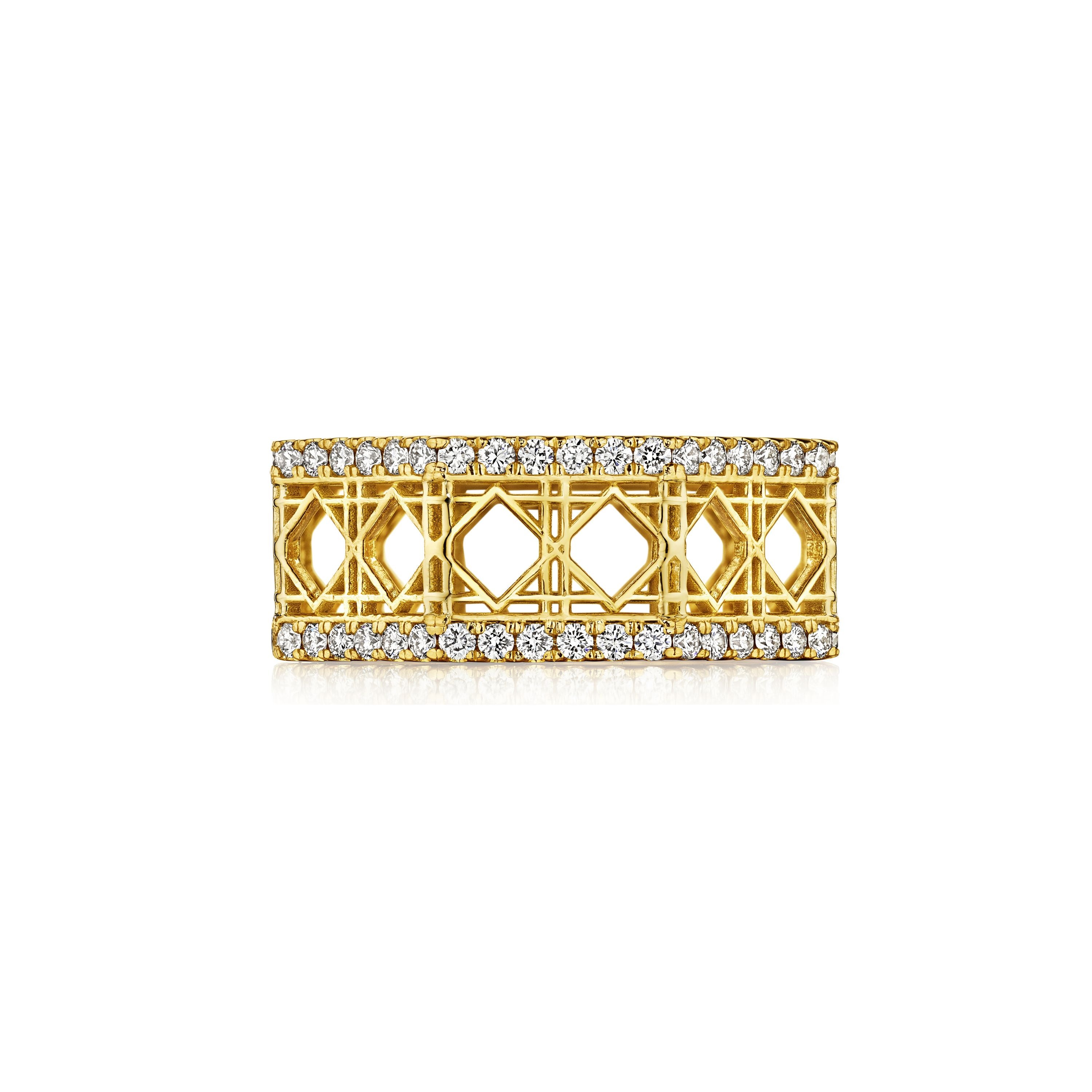 MoAnA LUU Doudou band ring in 18K yellow gold, featuring pavé diamonds in an intricate woven openwork design inspired by Caribbean fish traps.