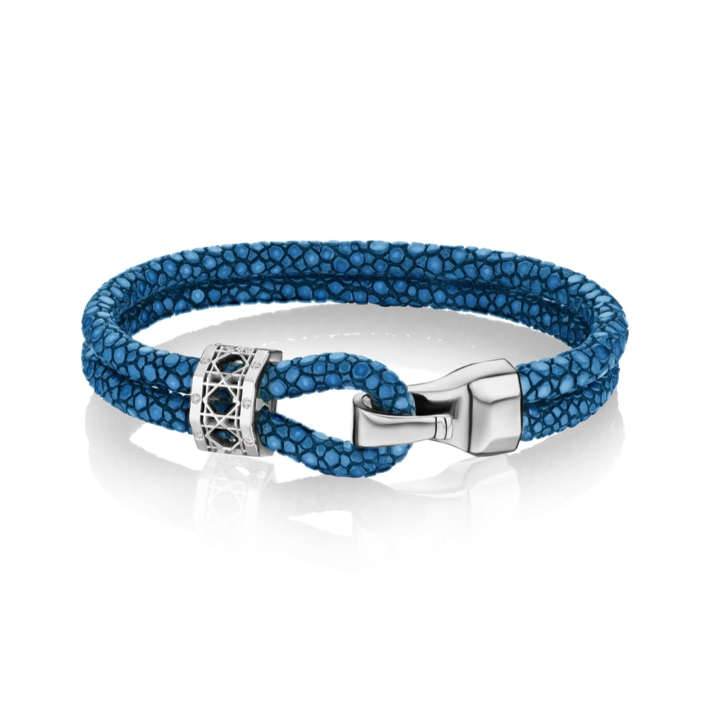 Doudou Abyss bracelet, 18K White Gold and Ti diamonds on blue stingray leather