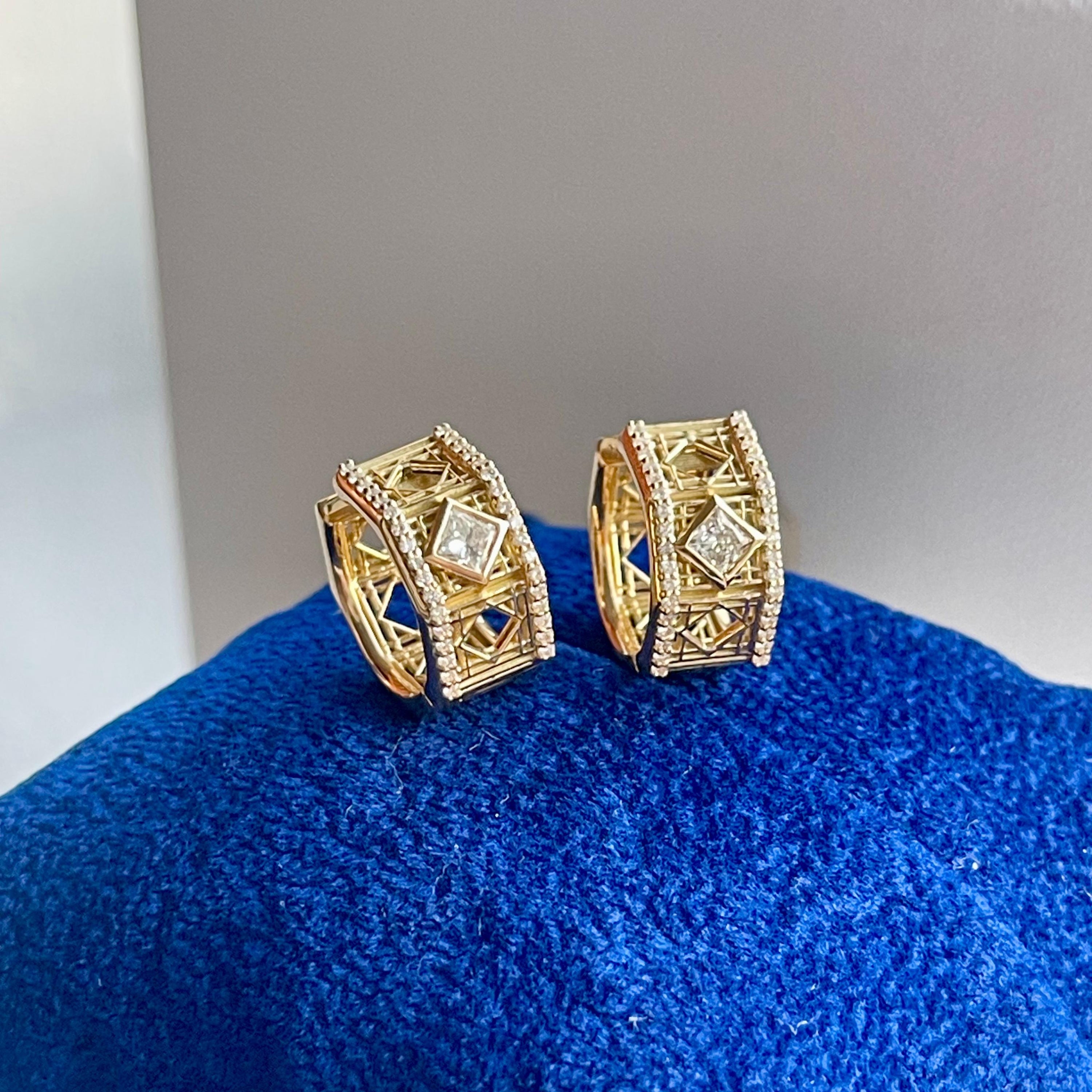 Doudou Huggie Earrings, 18K Yellow Gold, Pavé Diamonds and Princess Cut