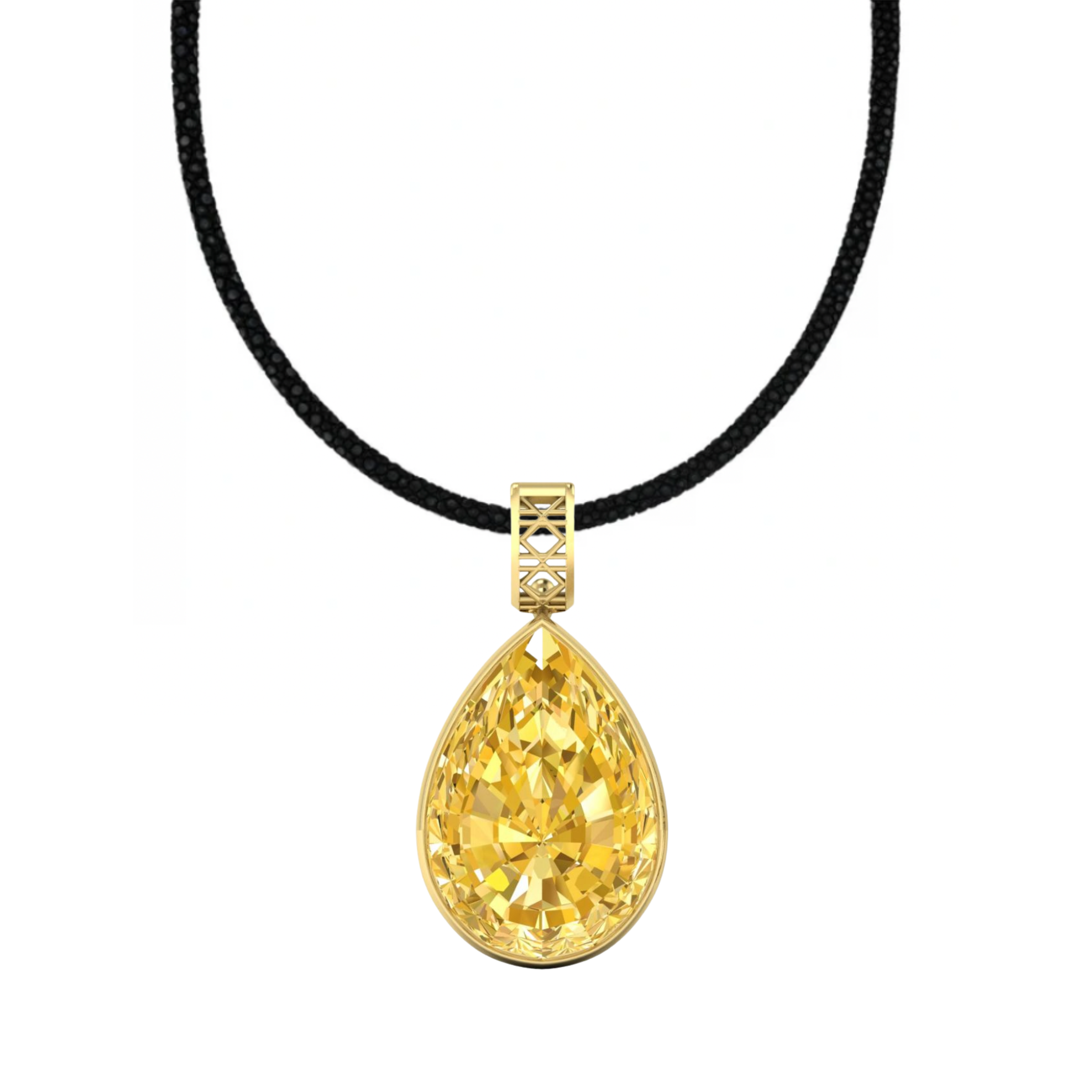 Maxi Dlo Pear Shape pendant, 18K Yellow Gold and Citrine on Stingray leather cord