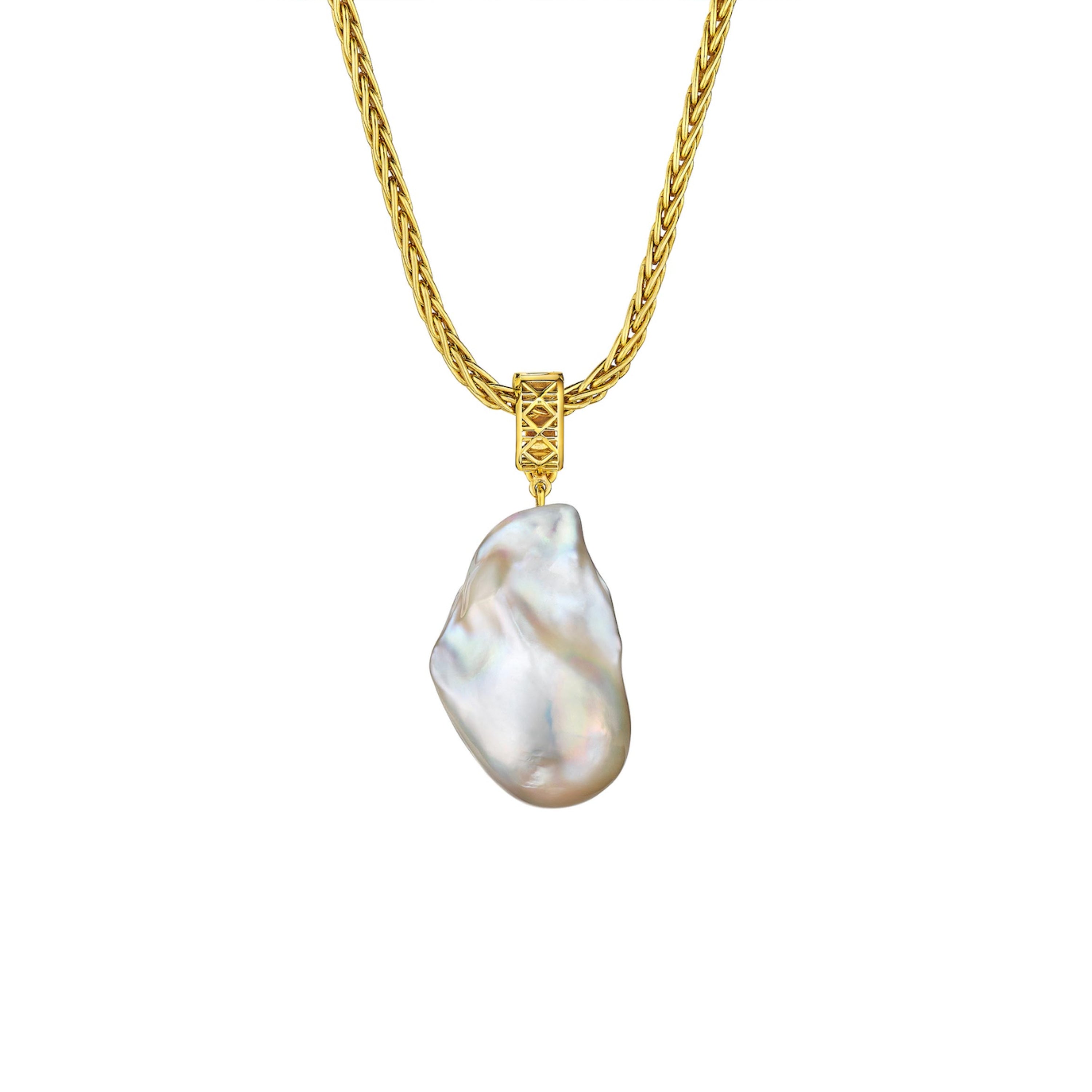 MoAnA LUU Abyss baroque pearl pendant on wheat chain with 18K yellow gold cane woven bail, inspired by traditional Caribbean fish traps.