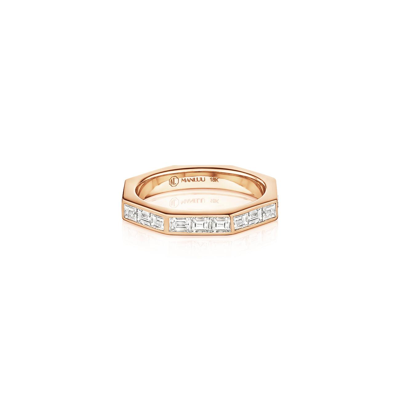 MoAnA LUU Ti eternity band ring in 18K rose gold, featuring baguette diamonds in an octagonal shape.