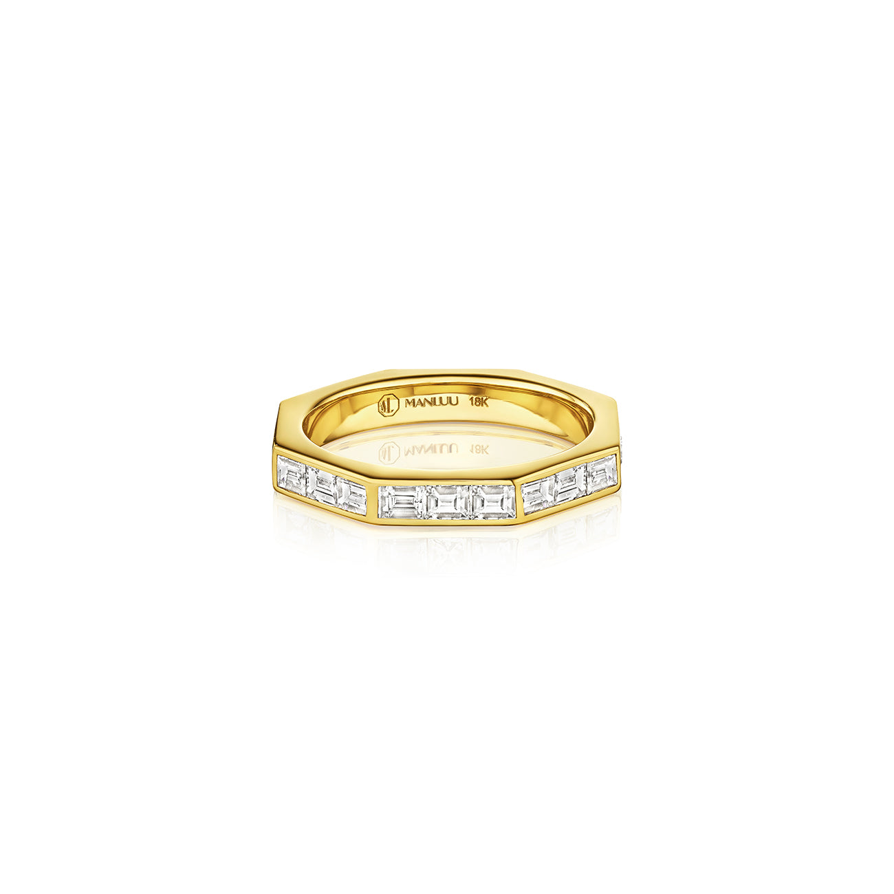 MoAnA LUU Ti eternity band ring in 18K yellow gold, featuring baguette diamonds in an octagonal shape.