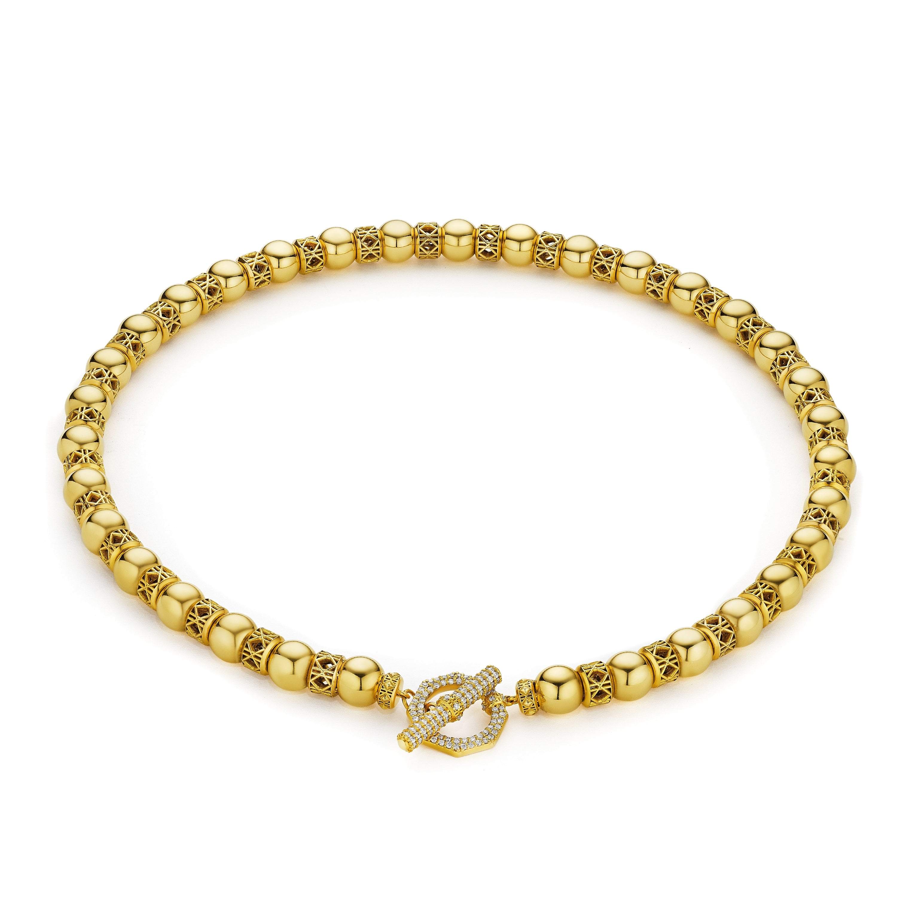 MoAnA LUU Yva bead necklace in  18K yellow gold with diamond encrusted  toggle clasp and cane woven gold beads, inspired by traditional Creole bead jewelry.
