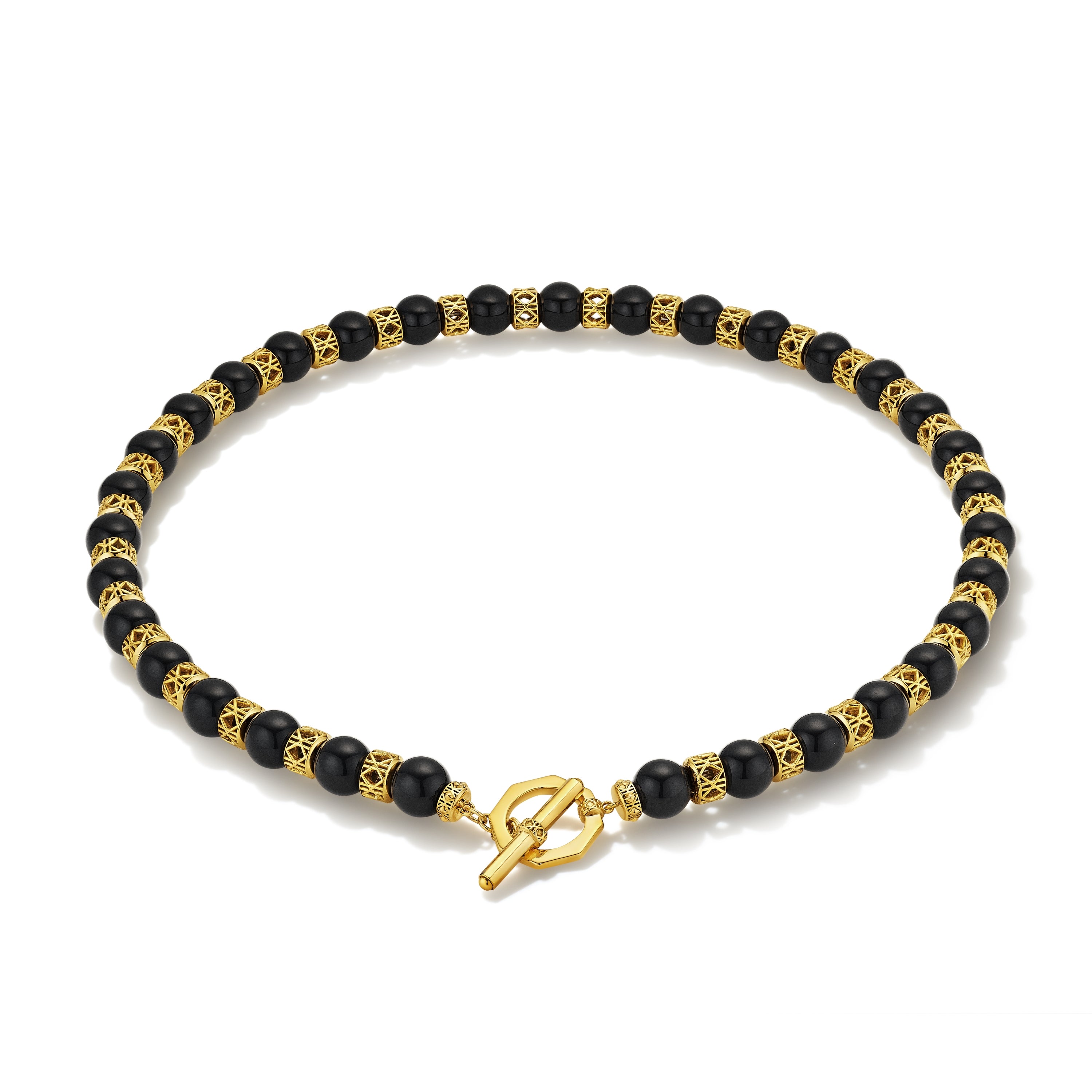 MoAnA LUU Yva bead necklace in black onyx with 18K yellow gold toggle clasp and cane woven gold beads, inspired by traditional Creole bead jewelry.