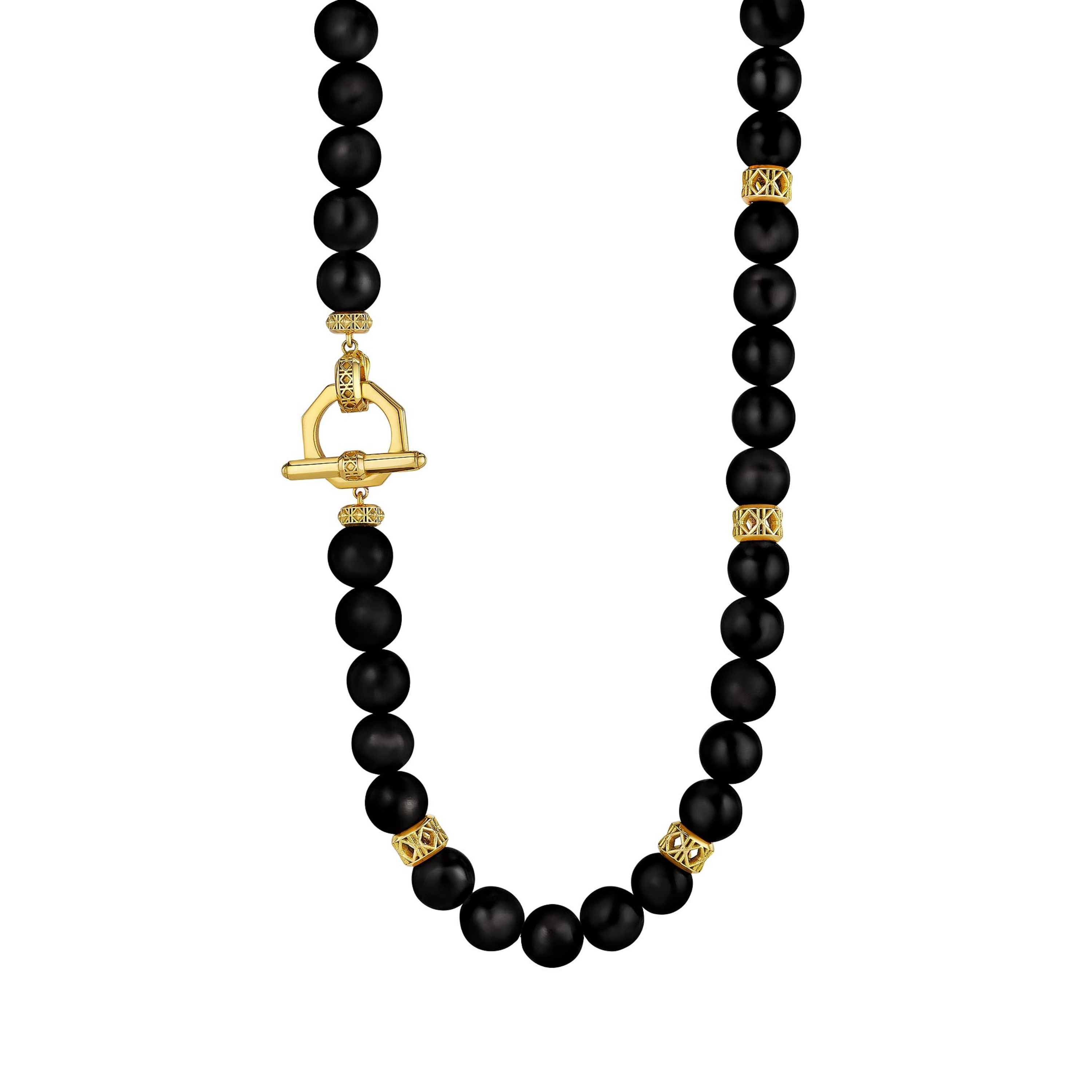 MoAnA LUU Yva bead necklace in black onyx with 18K yellow gold toggle inspired clasp and cane woven gold beads, inspired by traditional Creole bead jewelry.
