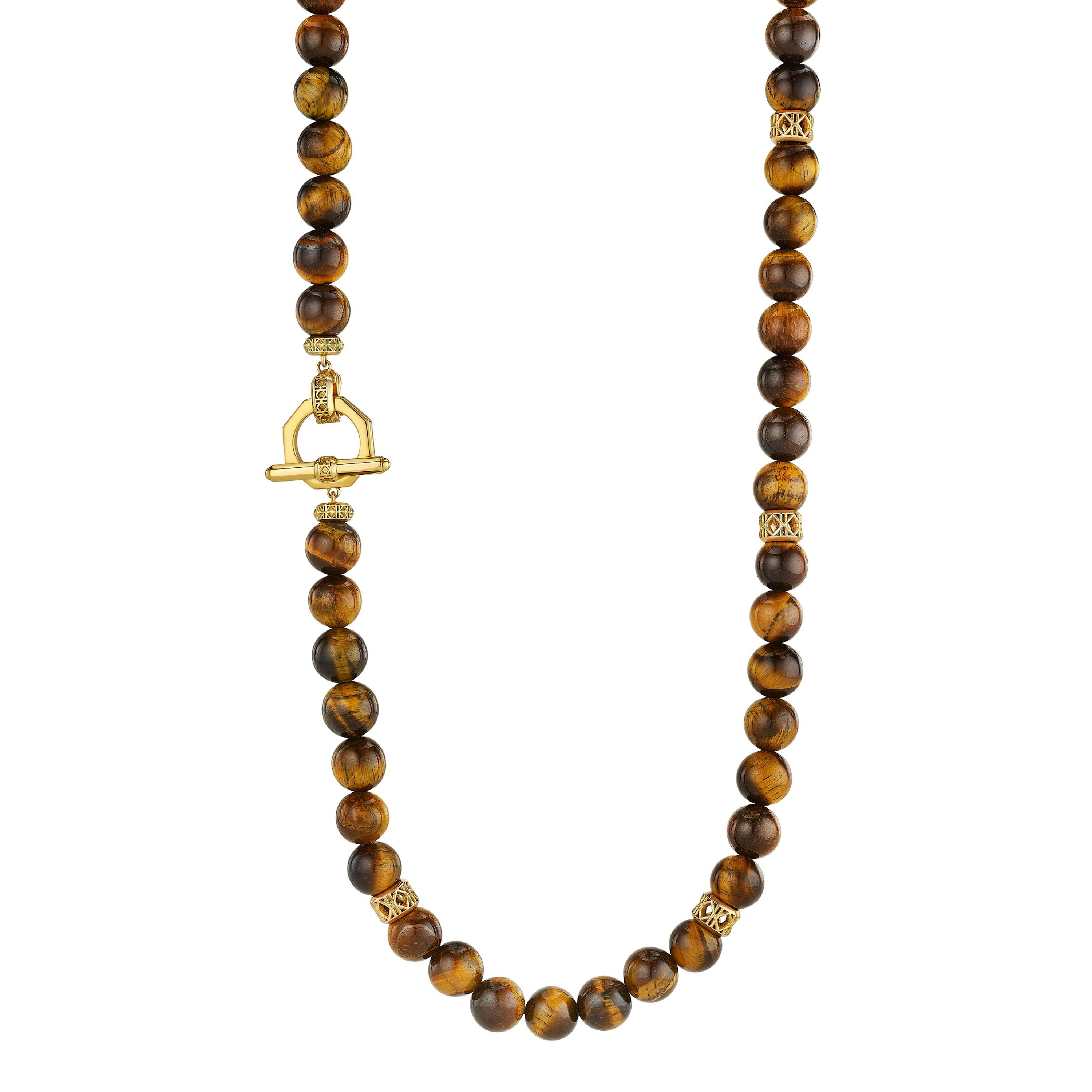 MoAnA LUU Yva bead necklace in tiger eye with 18K yellow gold with toggle inspired clasp and cane woven gold beads, inspired by traditional Creole bead jewelry.