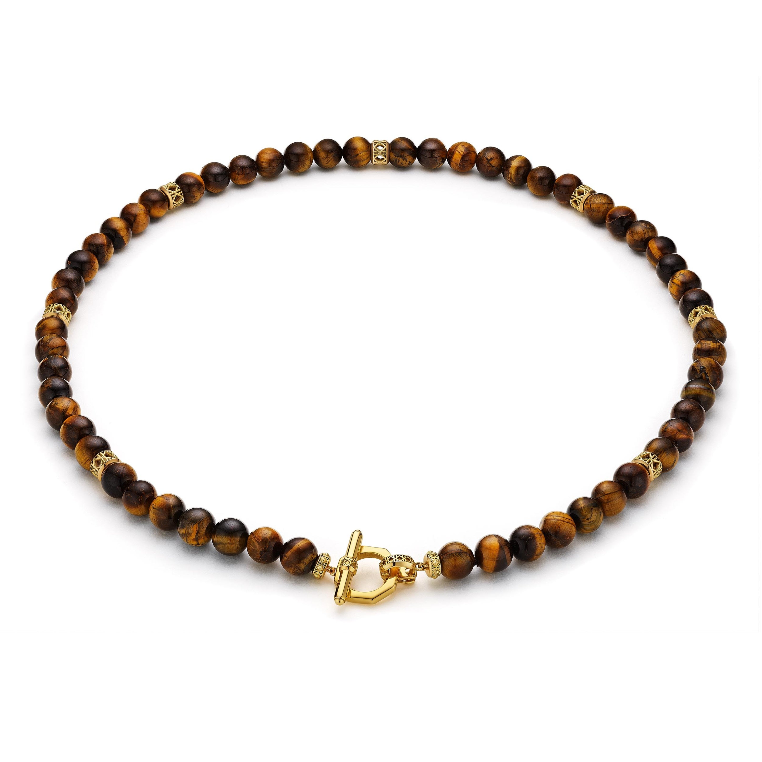 MoAnA LUU Yva bead necklace in tiger eye with 18K yellow gold toggle inspired clasp and cane woven gold beads, inspired by traditional Creole bead jewelry.