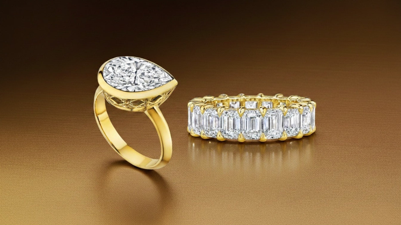 MoAnA LUU Love & Engagement banner with Dlo ring and eternity band ring with diamonds and 18K gold.