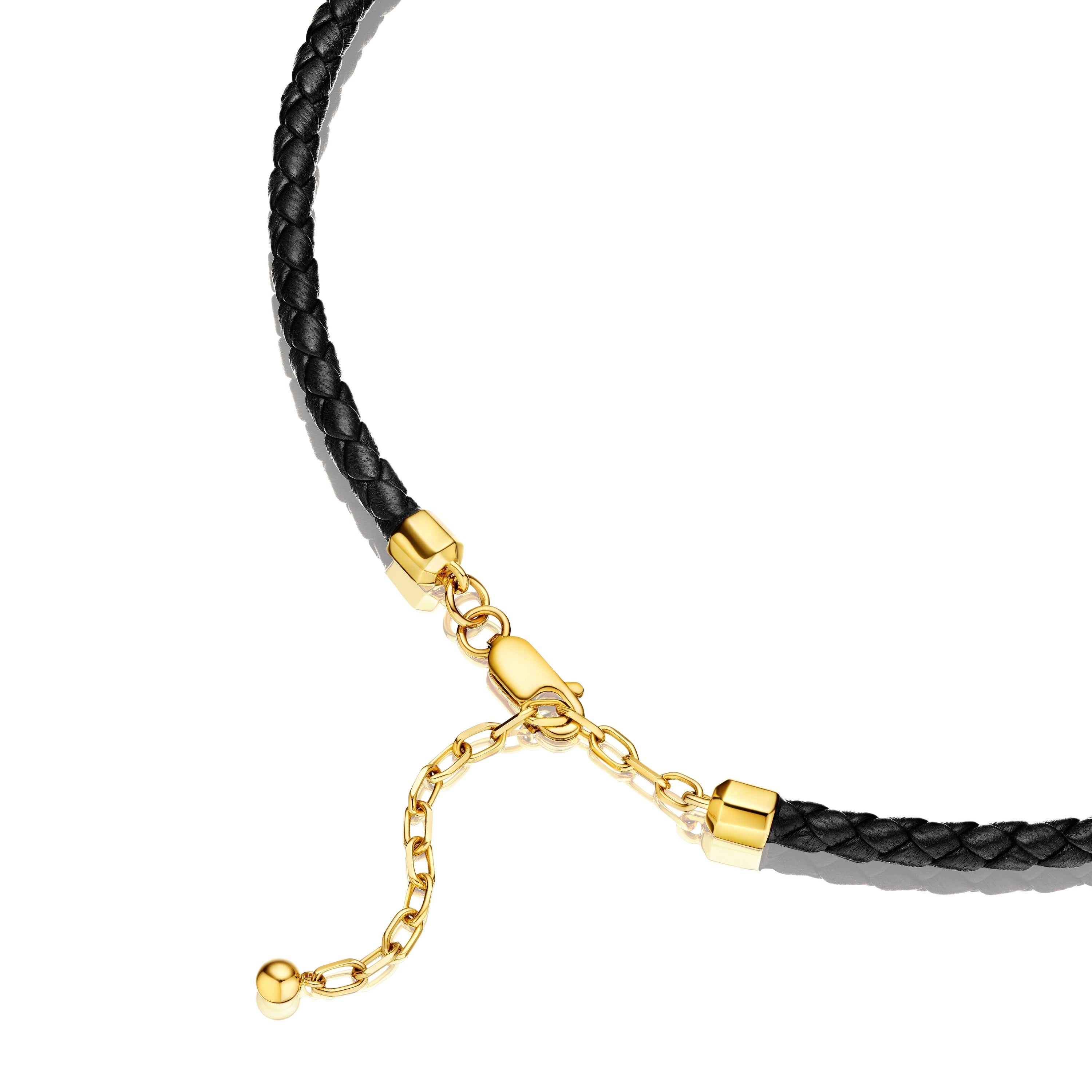 MoAnA LUU black leather necklace with 18K yellow gold lobster clasp and adjustable chain detail.