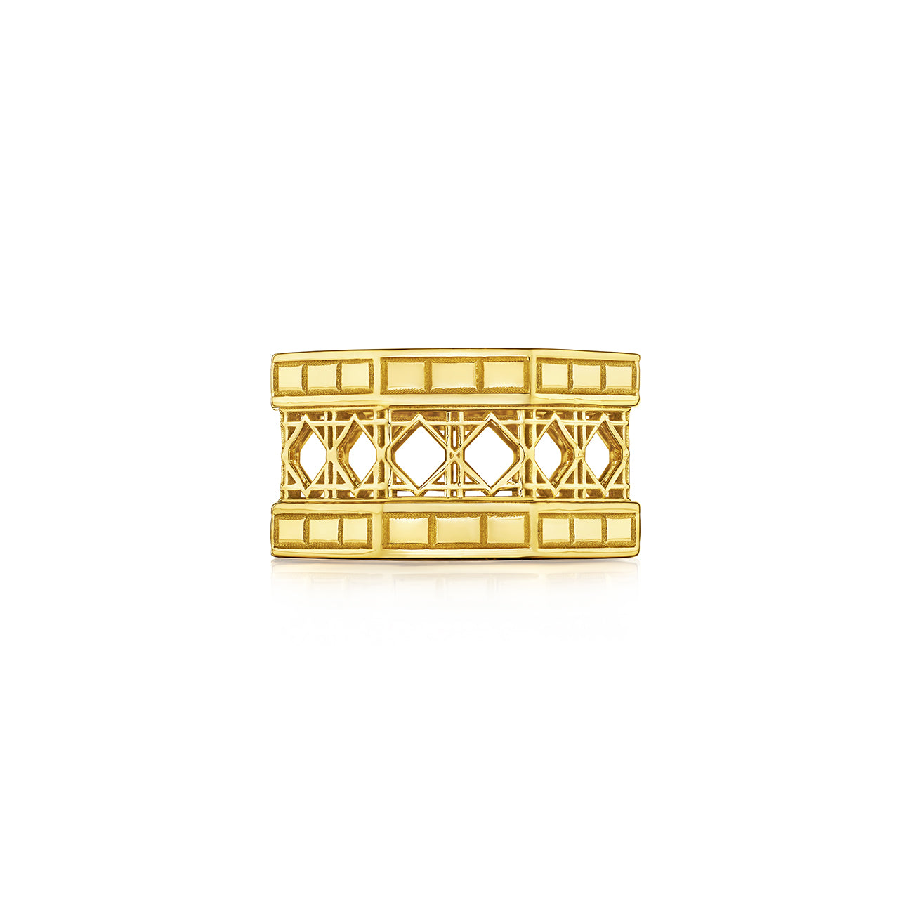 MoAnA LUU Doudou band ring in 18K yellow gold, featuring an intricate woven openwork design inspired by Caribbean fish traps.