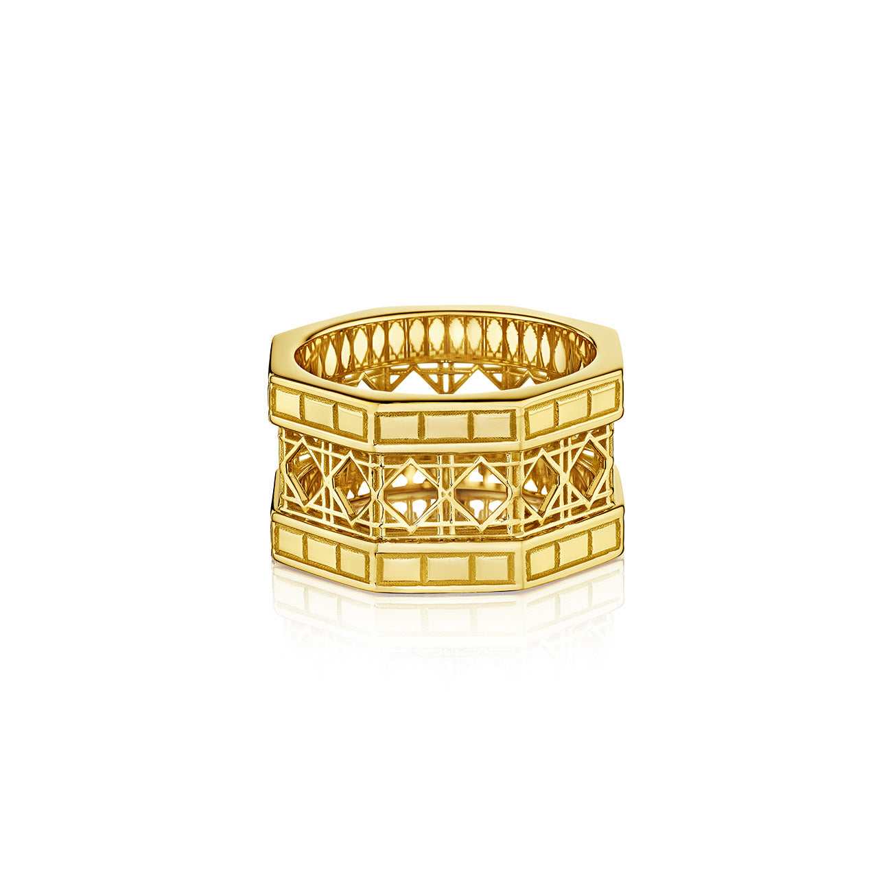 MoAnA LUU Doudou band ring in 18K yellow gold, featuring an intricate woven openwork design inspired by Caribbean fish traps.