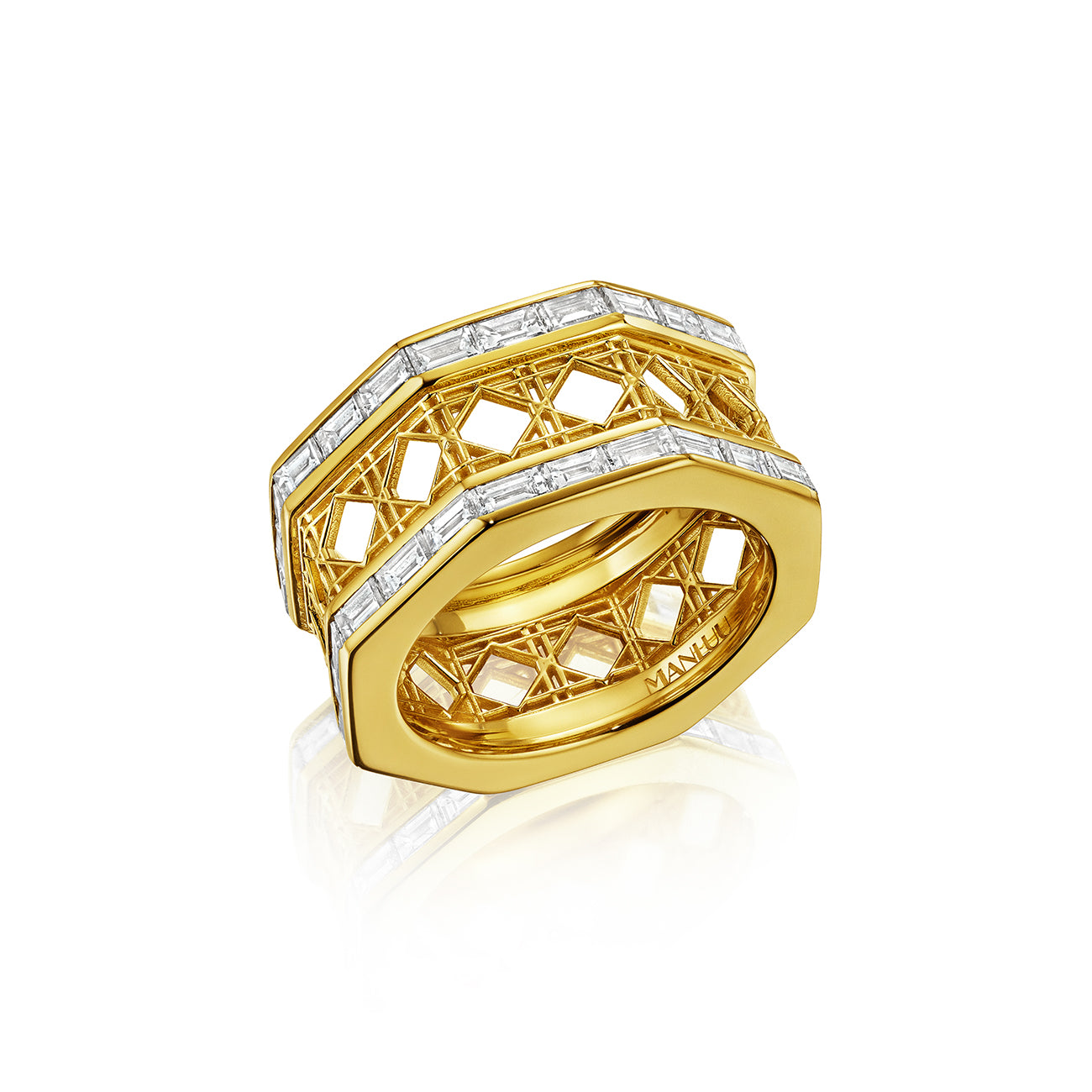 MoAnA LUU Doudou eternity band ring in 18K yellow gold, featuring baguette diamonds in an intricate woven openwork design inspired by Caribbean fish traps.
