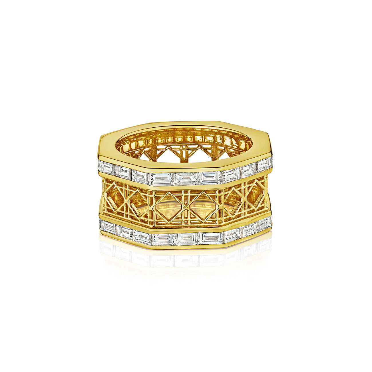 MoAnA LUU Doudou eternity band ring in 18K yellow gold, featuring baguette diamonds in an intricate woven openwork design inspired by Caribbean fish traps.