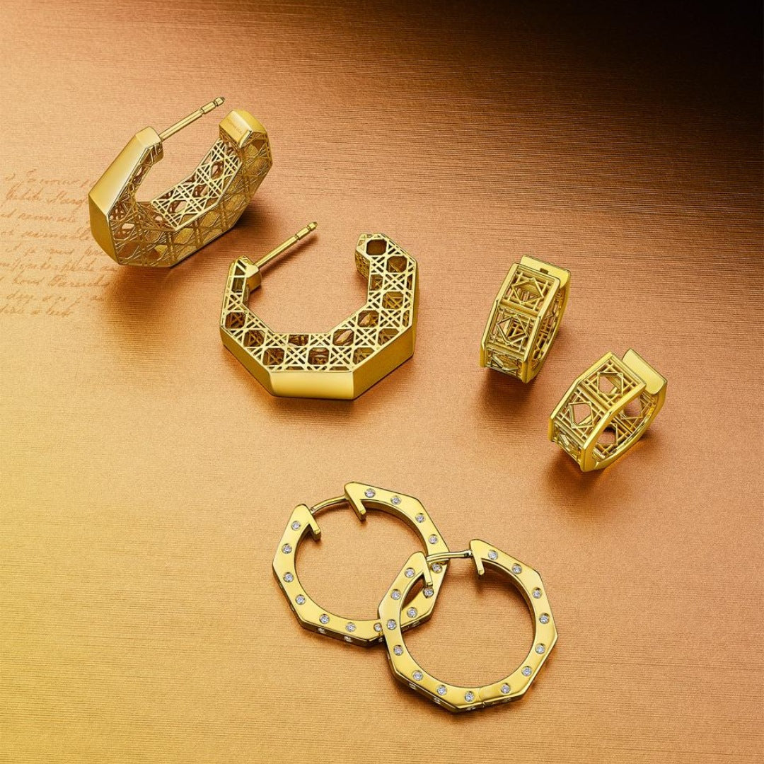 MoAnA LUU Doudou and Ti earring collection in 18K yellow gold, featuring geometric hoop  earrings with openwork woven design and diamond-set details inspired by Caribbean fish traps.
